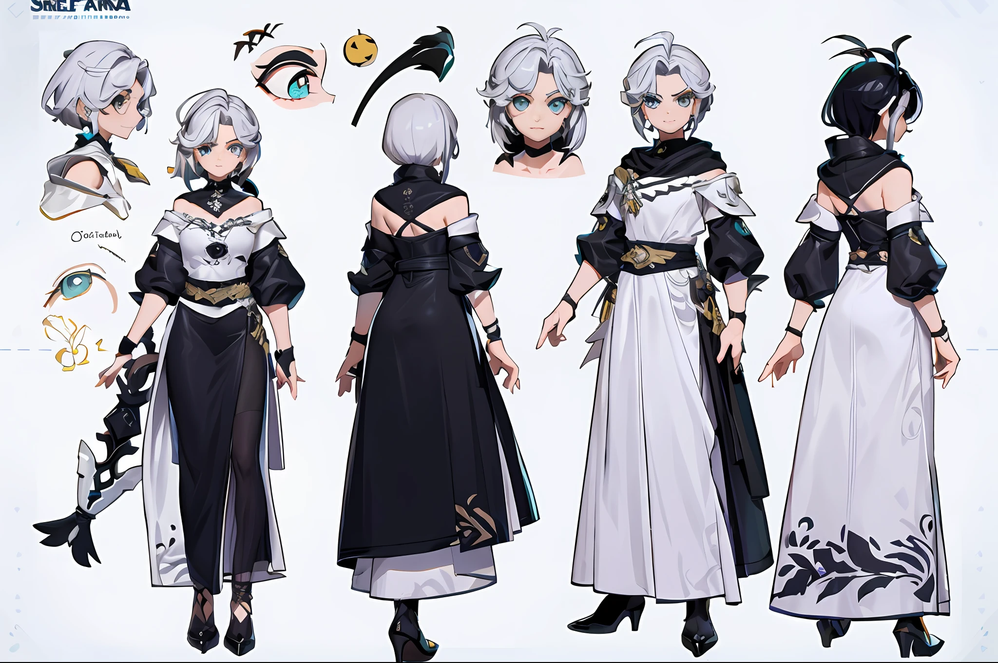 character sheet]!!!,[sprite sheet]!!!,paladin character,silver-haired ,black eyes,Woman, armour, Sword and shield, sheet movements, (Masterpiece artwork)ultra detaild, (White background),Multiple views,