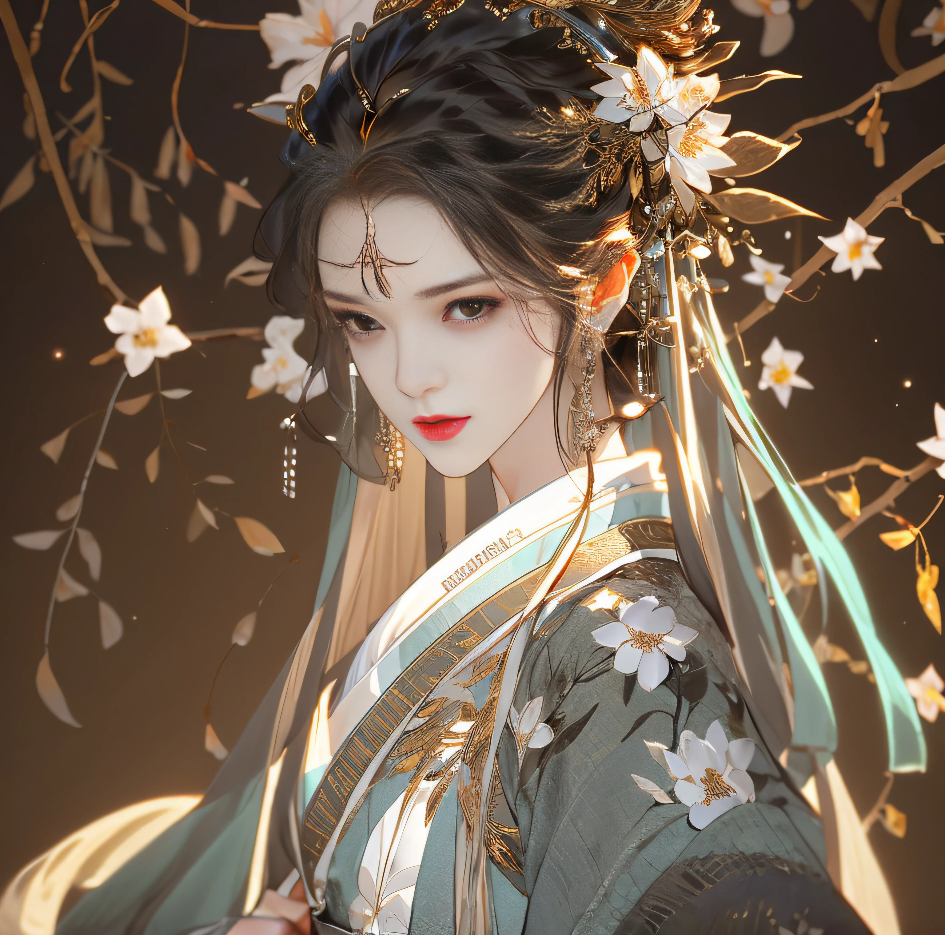 Beautiful details for girl，Very detailed eyes and face，Beautiful eye details，Super detailed，A high resolution，Very detailed，The best quality，illustration，Exquisite details，Best quality，Very detailed CG，8K wallpapers，A woman，woods，Long black hair，horsetail，Hanfu girl，blossoms，Complex textures，Streamers，navel，Shoulder，the complex background，Half body，Solo