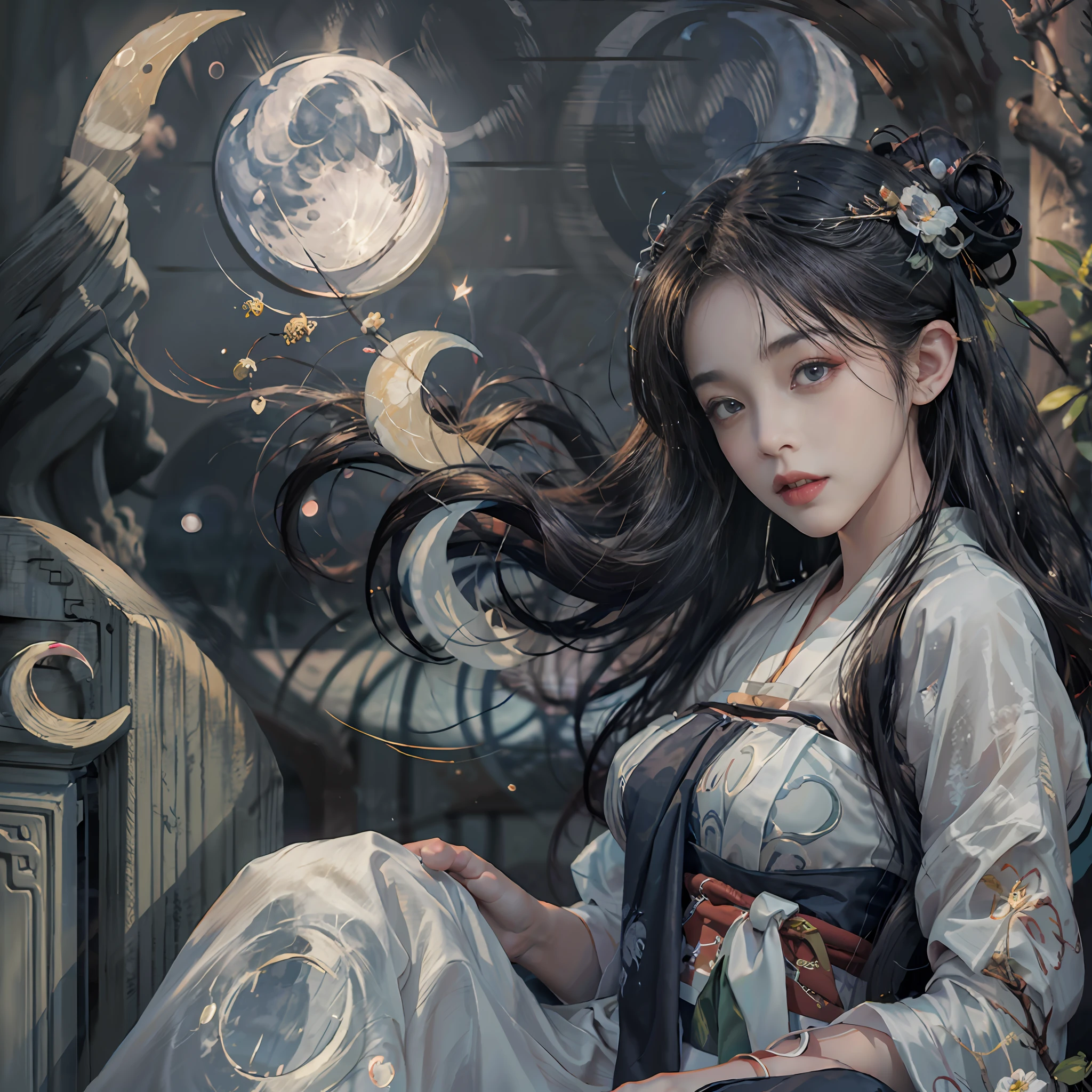 Uma mulher de 20 anos, uma menina fada chinesa, rosto sombrio, lindo rosto de conto de fadas chinês, rosto bonito without flaws, corpo esguio, pele clara, Lábios finos e lindos, Sorriso suave, mantenha sua boca fechada novamente, (The scene of a lualight is magical:1.8), a lua cheia brilha, luar, a lua, (casa luxuosa em estilo chinês antigo:1.2), Cabelo com coque estilo chinês, Cabelo preto brilhante, cabelo voador, cabelo longo, olhos azuis olhar triste, olhos brilhantes, olhos grandes e redondos e maquiagem muito bonita e detalhada , corpo de mulher santa, seios redondos, seios grandes e redondos, a rosto bonito in detail and well-proportioned eyes, maquiagem meticulosa, braços caídos, Imagens realistas e vívidas, estrelas que compõem o céu, corpo sexy, olhos mais lindos, imagine olhos perfeitos, lindo santo e flores, joia, rosto bonito, tronco, hanfu, alta resolução, melhor qualidade, melhor foto, Qualidade 8K, 8k ultra, Surreal, melhor foto da vida real, hdr, detalhe de pele alto, bokeh, Suave e nítido, Aumento de pixels em 10x, arte ficcional, 8k CGI, realista, tiro médio, (tronco), (Hanfu branco:1.8), por mapa