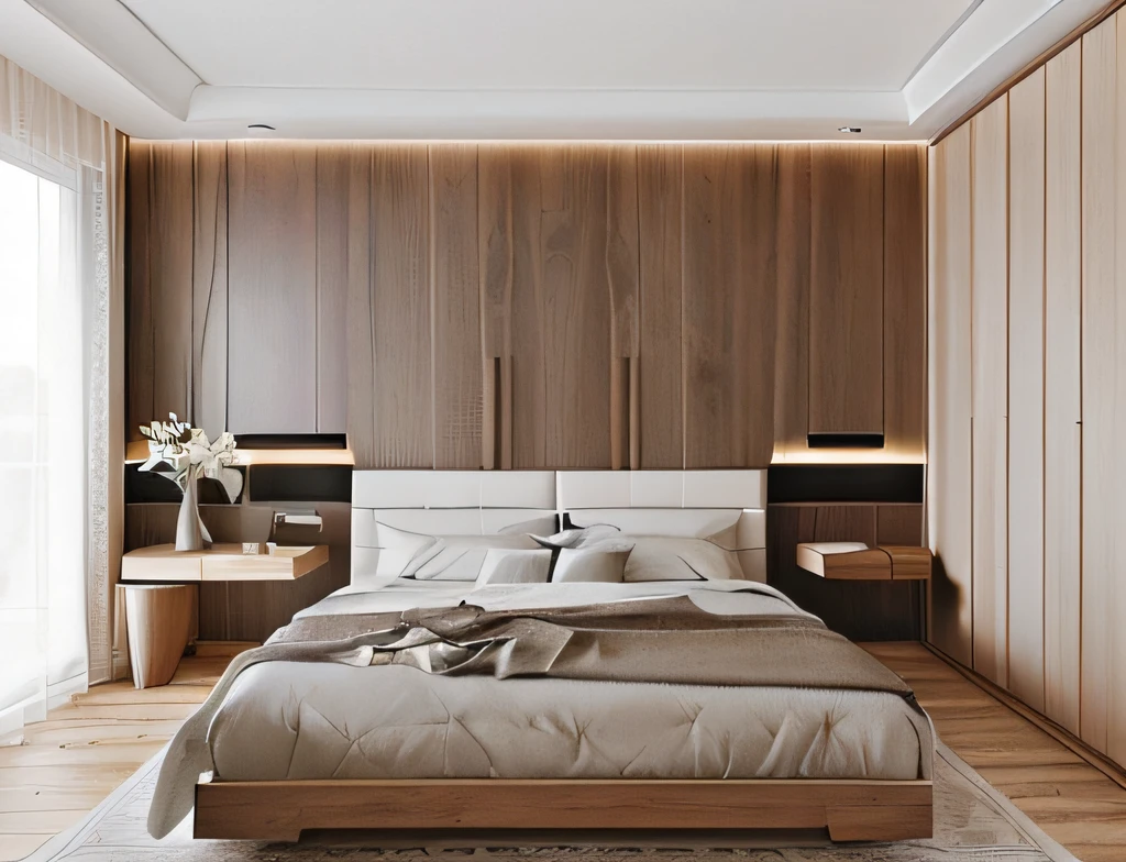 ein Schlafzimmer mit einem Bett, a dresser and a mirror, modern and minimalist, Schlafzimmer, Wände aus Holzpaneelen, neotraditional modern minimalist, übertriebene Textur, beliebter Einrichtungsstil, Holzakzente, Einfache, klare Linien, mit detailreichem Holz, Holzverkleidung, stilvolles Dekor, glatte Verkleidung, in einem Schlafzimmer, Wenige Details und klare Linien, Schlafzimmer Interieur