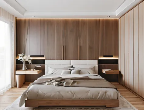 a bedroom with a bed, a dresser and a mirror, modern and minimalist, bed room, wood panel walls, neotraditional modern minimalis...