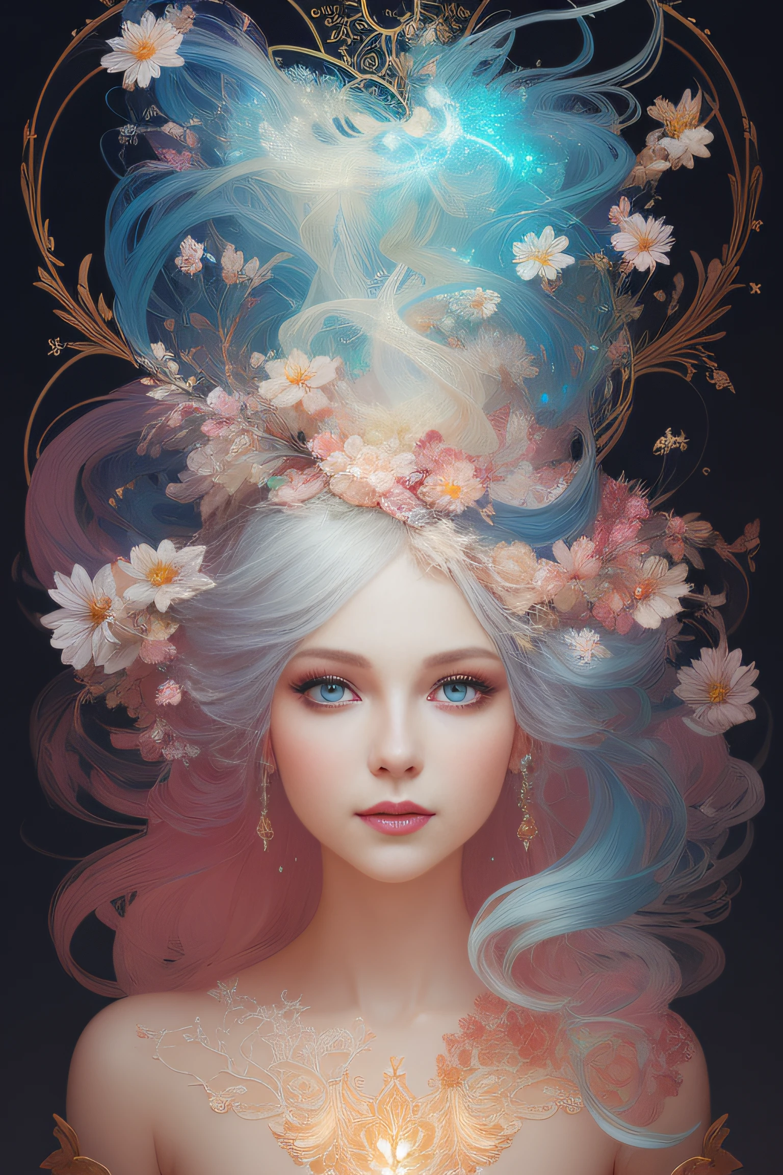 ((gorgeous princess)), one person, long flowing white hair, (bright and beautiful eyes), trending on Art Station, Flower of Hope by Jean-Honor Fragonard, Peter mohrbacher, super detailed, crazy details, Stunning, intricate, elite, art nouveau, ornate, liquid wax, elegant, luxurious, Greg Rutkowski, ink style, sticker, vector art beautiful character design, double exposure shot, luminous design , winning entry, masterpiece, amoled black background,