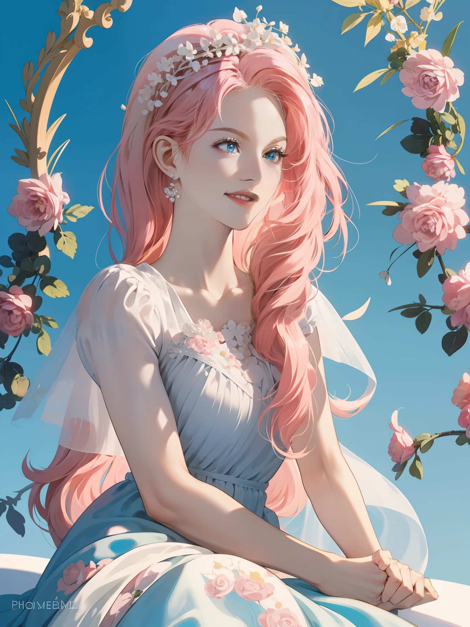 ((Masterpiece)), high quality, super detailed, pink hair + white clothing: 1.2, sweet and delicate girl, delicate facial features, perfect figure, surrounded by roses, bright bright colors, pearl white background, romantic long hair, natural light, warm and sweet, blue eyes, flower hair decoration.