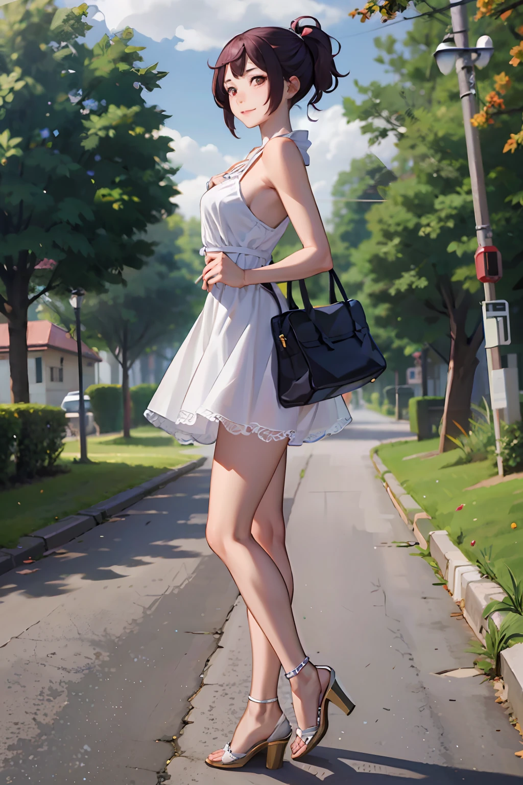 masterpiece, best quality,1girl,young girl,brown eyes,drill hair,evil smile,shiny skin,(nice leg line:1.3),thick thighs,thin waist,huge breasts
BREAK
, White_lace_midi_dress, nude_heels, pearl_hairpins, beaded_anklet, woven_tote_bag,
BREAK
, Street_lined_with_blooming_cherry_blossom_trees,,crowd,depth of field,looking at viewer,standing,from side,full body,legsupsexms