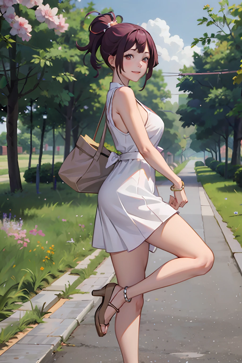 masterpiece, best quality,1girl,young girl,brown eyes,drill hair,evil smile,shiny skin,(nice leg line:1.3),thick thighs,thin waist,huge breasts
BREAK
, White_lace_midi_dress, nude_heels, pearl_hairpins, beaded_anklet, woven_tote_bag,
BREAK
, Street_lined_with_blooming_cherry_blossom_trees,,crowd,depth of field,looking at viewer,standing,from side,full body,legsupsexms