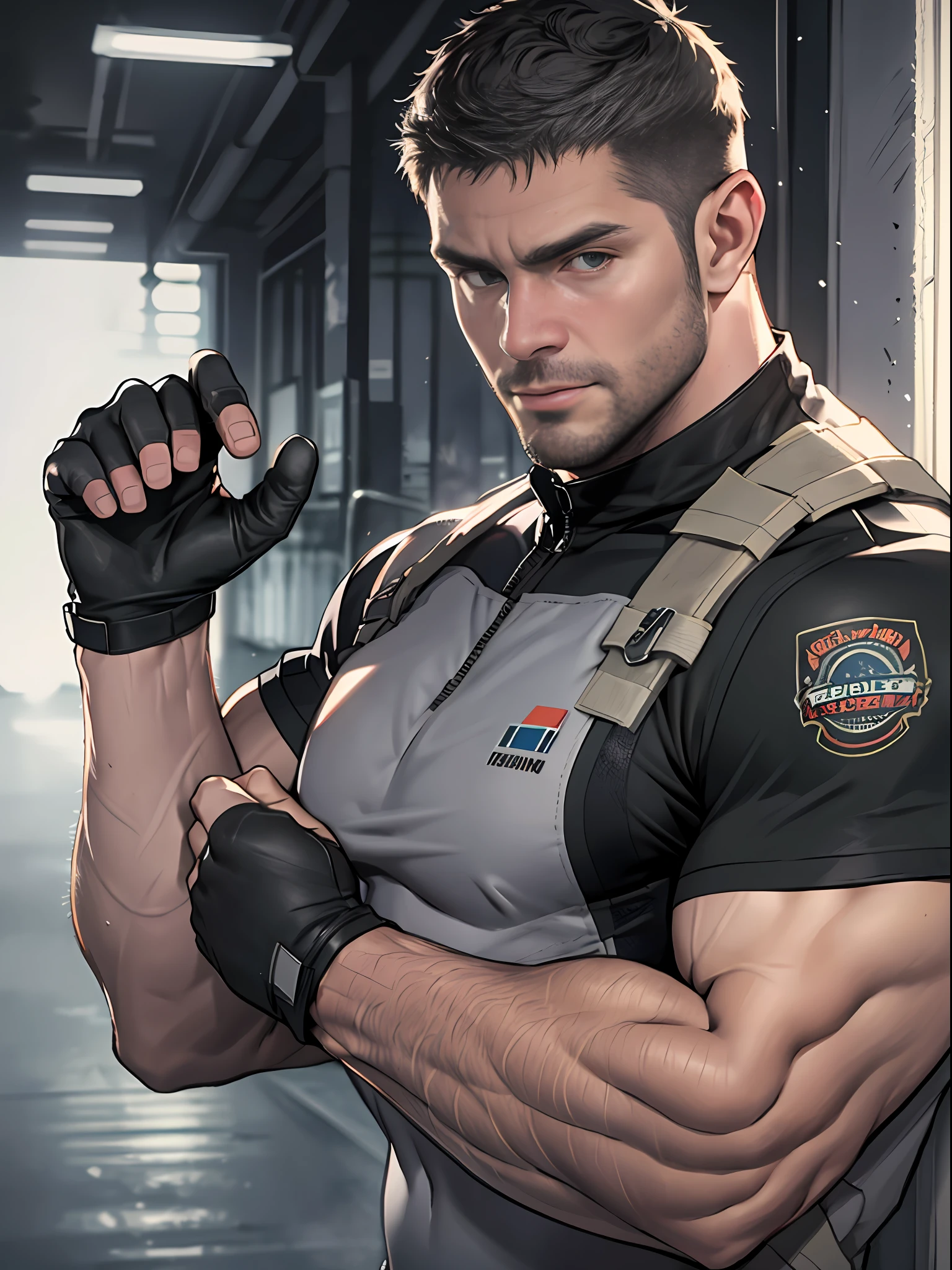 1 man, solo, 35 year old, Chris Redfield, wearing grey T shirt, smirks, black color on the shoulder and a bsaa logo on the shoulder, fingerless gloves millitary tactical suit, tall and hunk, biceps, abs, chest, best quality, masterpiece, high resolution:1.2, upper body shot, dark black gloomy hallway in the background, detailed face, shadow, volumetric lighting, upper body shot, low camera angle