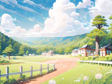 (Japanese landscape), (Hayao Miyazaki Style), cartoon, modern countryside, roads, curves, low houses, trees, poles, white clouds...
