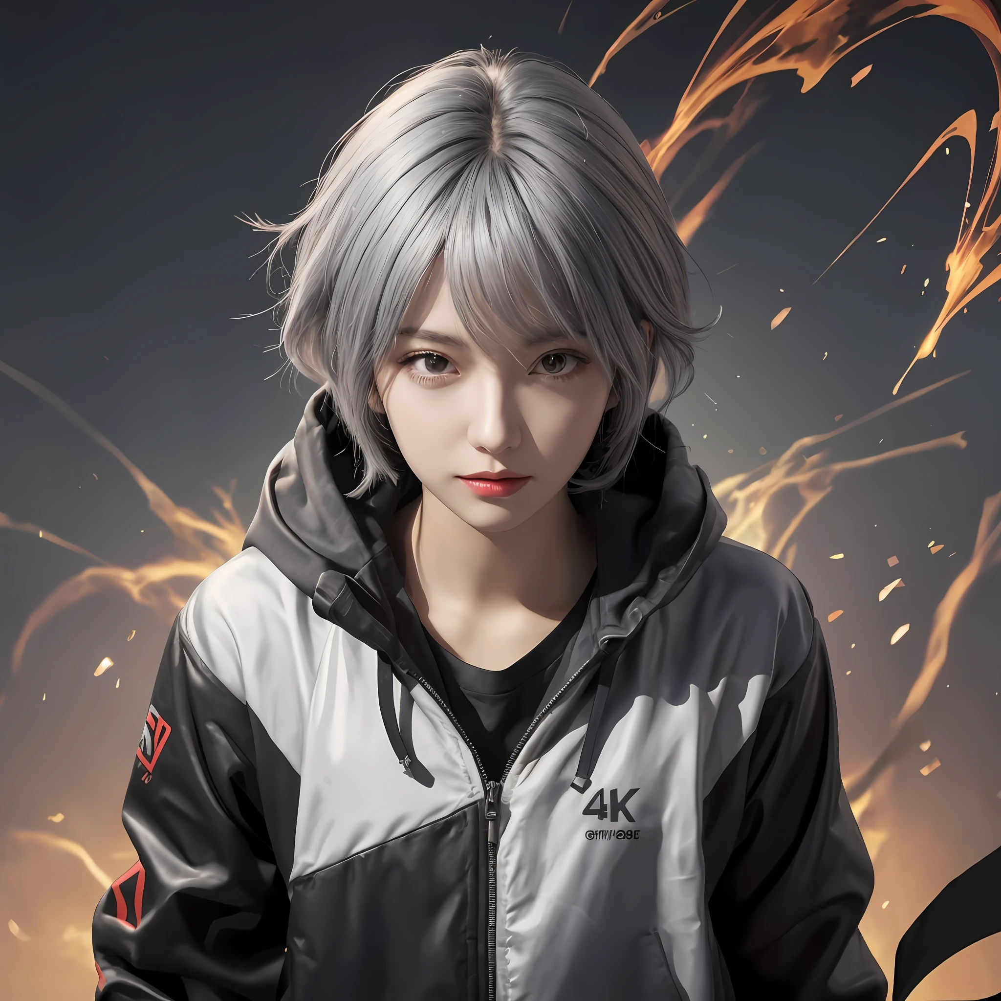 Chica de anime posando para una foto con cabello gris y chaqueta negra, estilo de anime4 K, chica anime cyberpunk con capucha, anime rudo 8k, Obra de arte estilo Guviz, fondo de pantalla de arte anime 8 K, Fondo de pantalla de arte anime 4K, fondo de pantalla de arte anime 4k, Fondo de pantalla animado 4K, estilo animado portrait, estilo animado. 8K, estilo artístico anime realista，La cabeza estaba ligeramente levantada，Cultura capilar más detallada