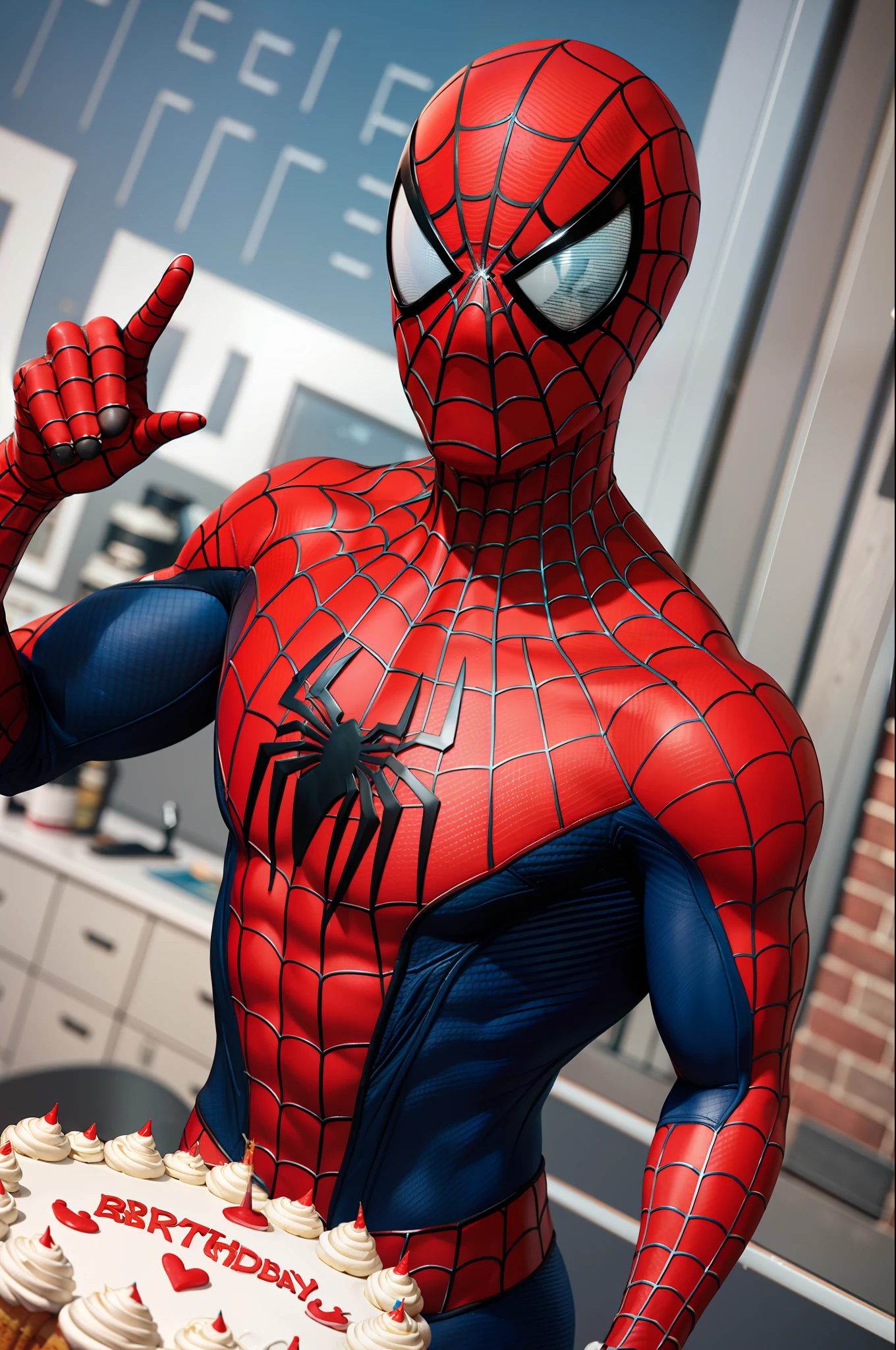 スパイダーマンの誕生日のお祝い, バースデーケーキを持つスパイドマン