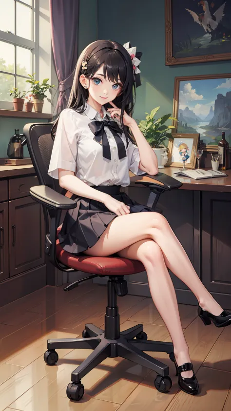 top-quality、​masterpiece、kawaii girl、a miniskirt、sitting on a chair and gracefully crossing legs、a slight smil、