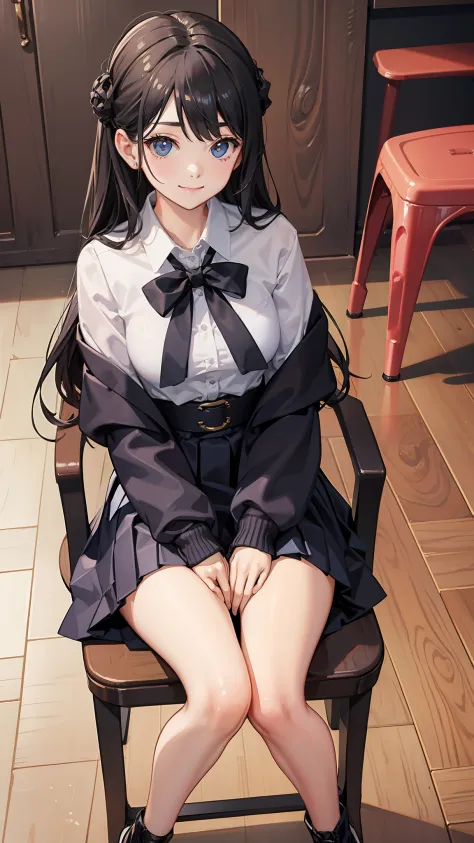 top-quality、​masterpiece、kawaii girl、a miniskirt、sitting on a chair and gracefully crossing legs、a slight smil、