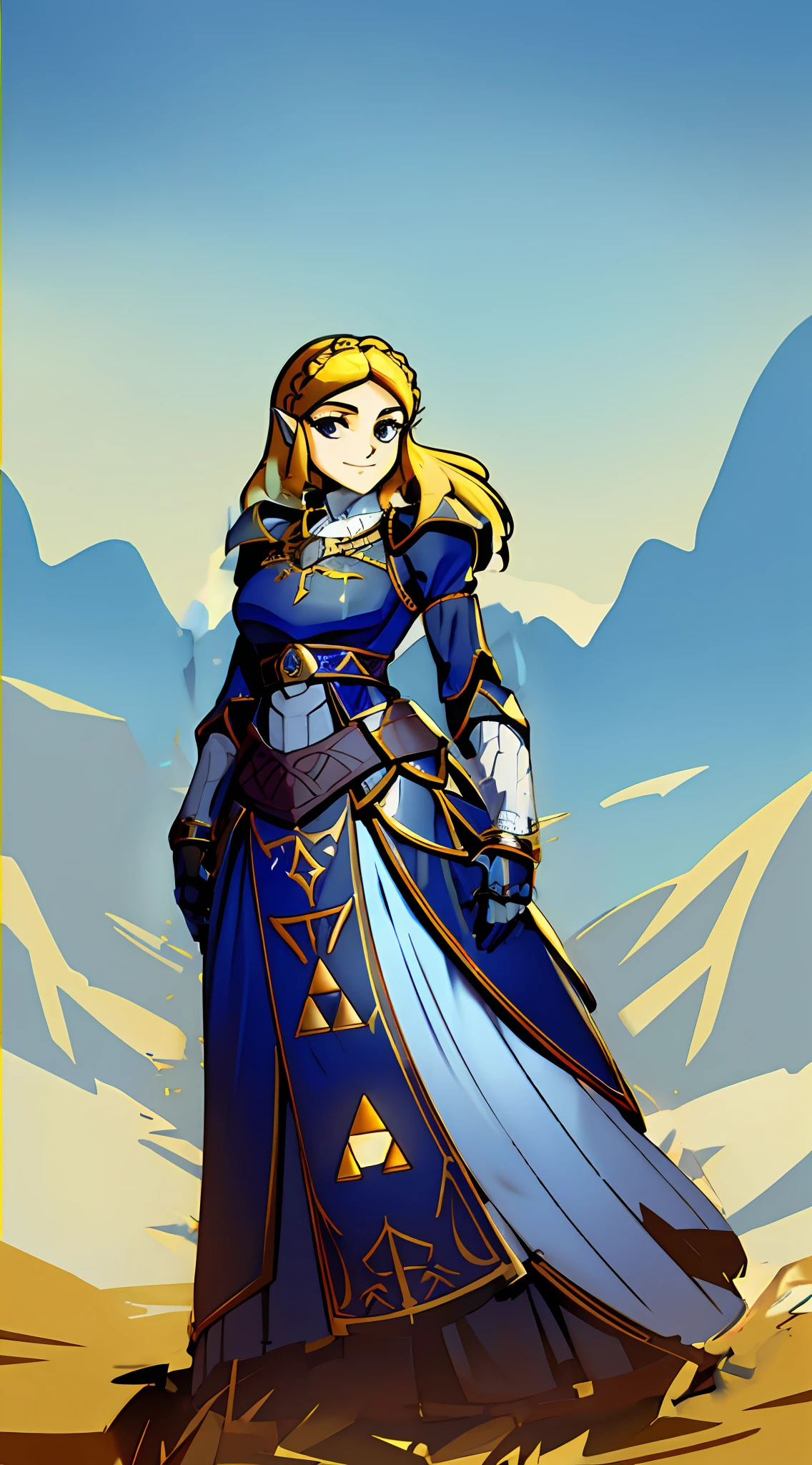 Heavy Royal Armor, Thick plate armor, royal blue with white and gold, armored dress, heavy knight armor, tri-force symbol on breastplate, white highlights and gold-trim, BotW style knight armor