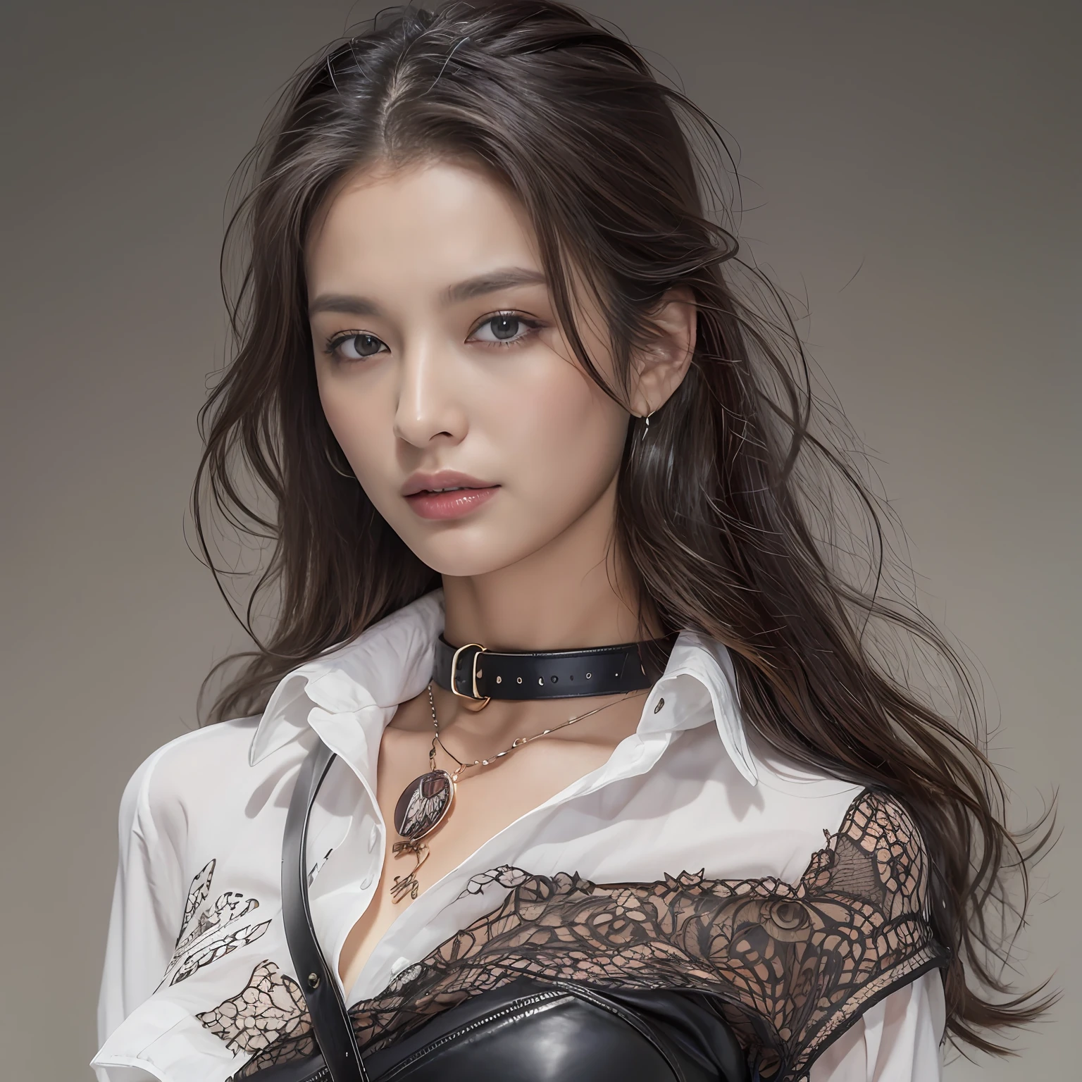 (top-quality、hight resolution、​masterpiece:1.3)、Tall and cute woman、Slender Abs、Dark brown hair styled in loose waves、 cute  face, beautiful countenance, (Lifelike face), Beautiful hairstyle, realisticeyes, beautiful detail, (real looking skin), Beautiful skins, enticing, The ultra -The high-definition, A hyper-realistic, ighly detailed, (small tits:1.3), (cleavage of the breast:0.8)、White button-up shirt、a belt、Black leather tight skirt、Like Emily O'Hara Ratajkowski Japan,breastsout、Wearing a pendant、White button-up shirt、a belt、Black leather tight skirt、(Modern architecture in background)、Details exquisitely rendered in the face and skin texture、A detailed eye、double eyelid