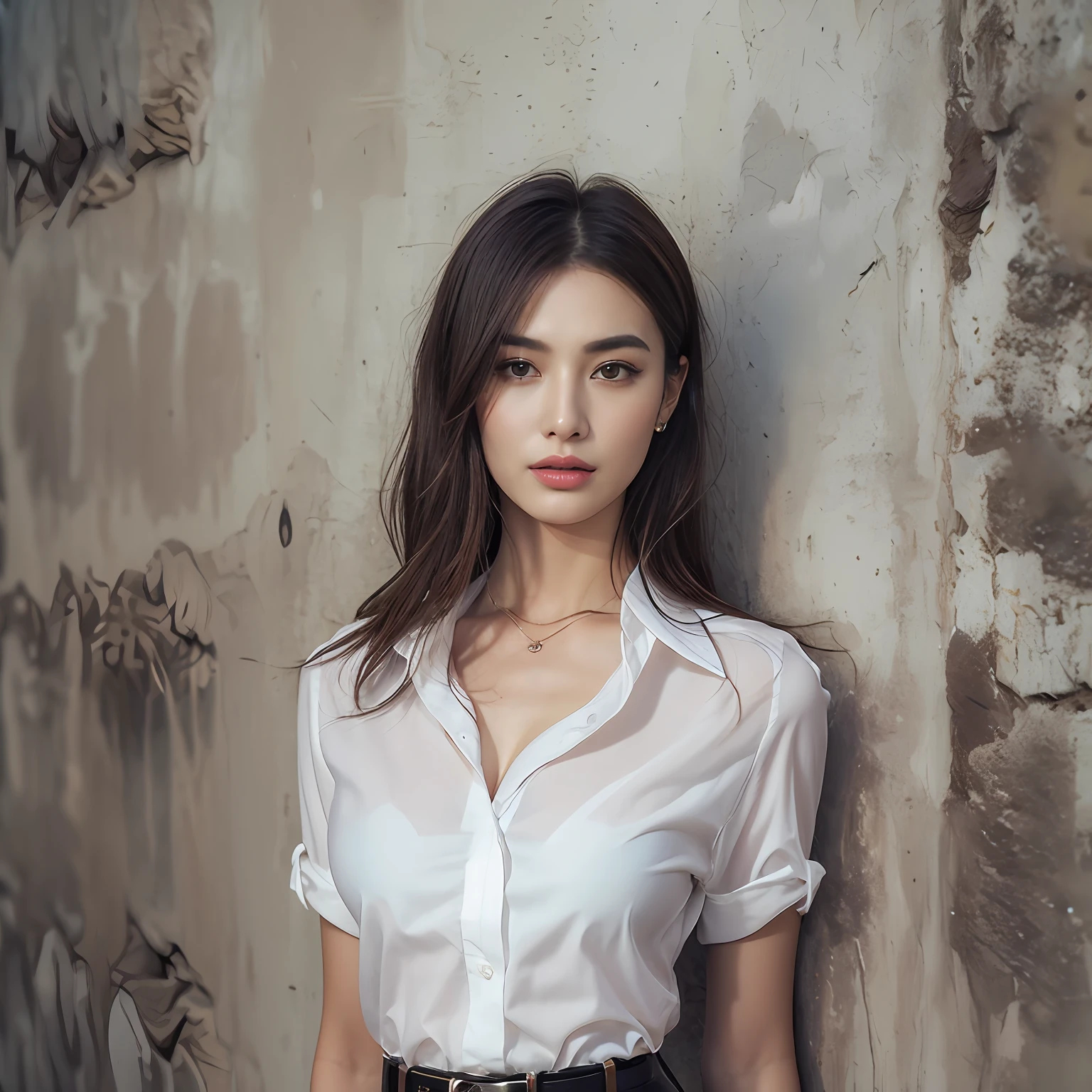 (top-quality、hight resolution、​masterpiece:1.3)、Tall and cute woman、Slender Abs、Dark brown hair styled in loose waves、 cute  face, beautiful countenance, (Lifelike face), Beautiful hairstyle, realisticeyes, beautiful detail, (real looking skin), Beautiful skins, enticing, The ultra -The high-definition, A hyper-realistic, ighly detailed, (small tits:1.3), (cleavage of the breast:0.8)、White button-up shirt、a belt、Black leather tight skirt、Like Emily O'Hara Ratajkowski Japan,breastsout、Wearing a pendant、White button-up shirt、a belt、Black leather tight skirt、(Modern architecture in background)、Details exquisitely rendered in the face and skin texture、A detailed eye、二重まぶた