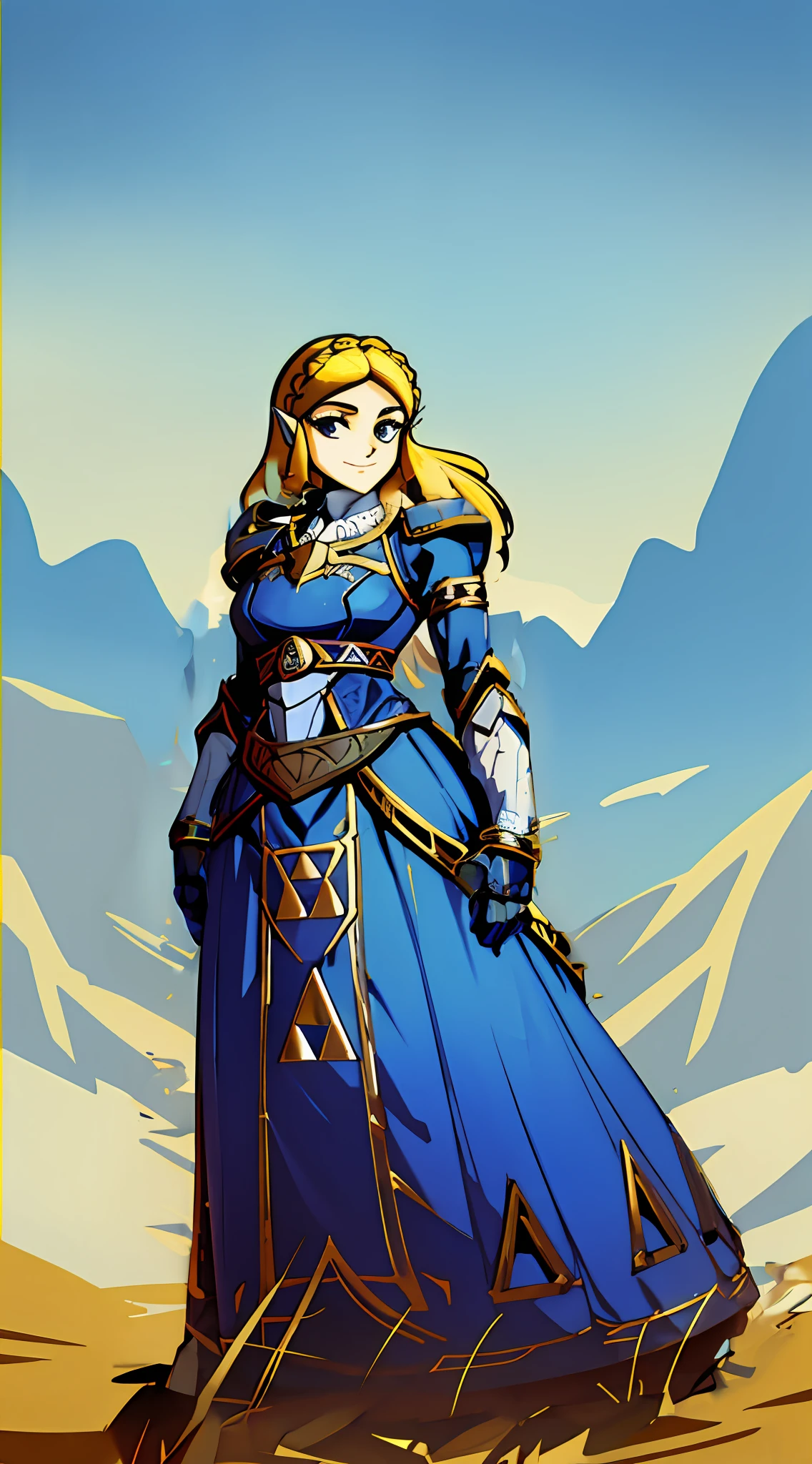 Heavy Royal Armor, Thick plate armor, royal blue with white and gold, armored dress, heavy knight armor, tri-force symbol on breastplate, white highlights and gold-trim, BotW style knight armor