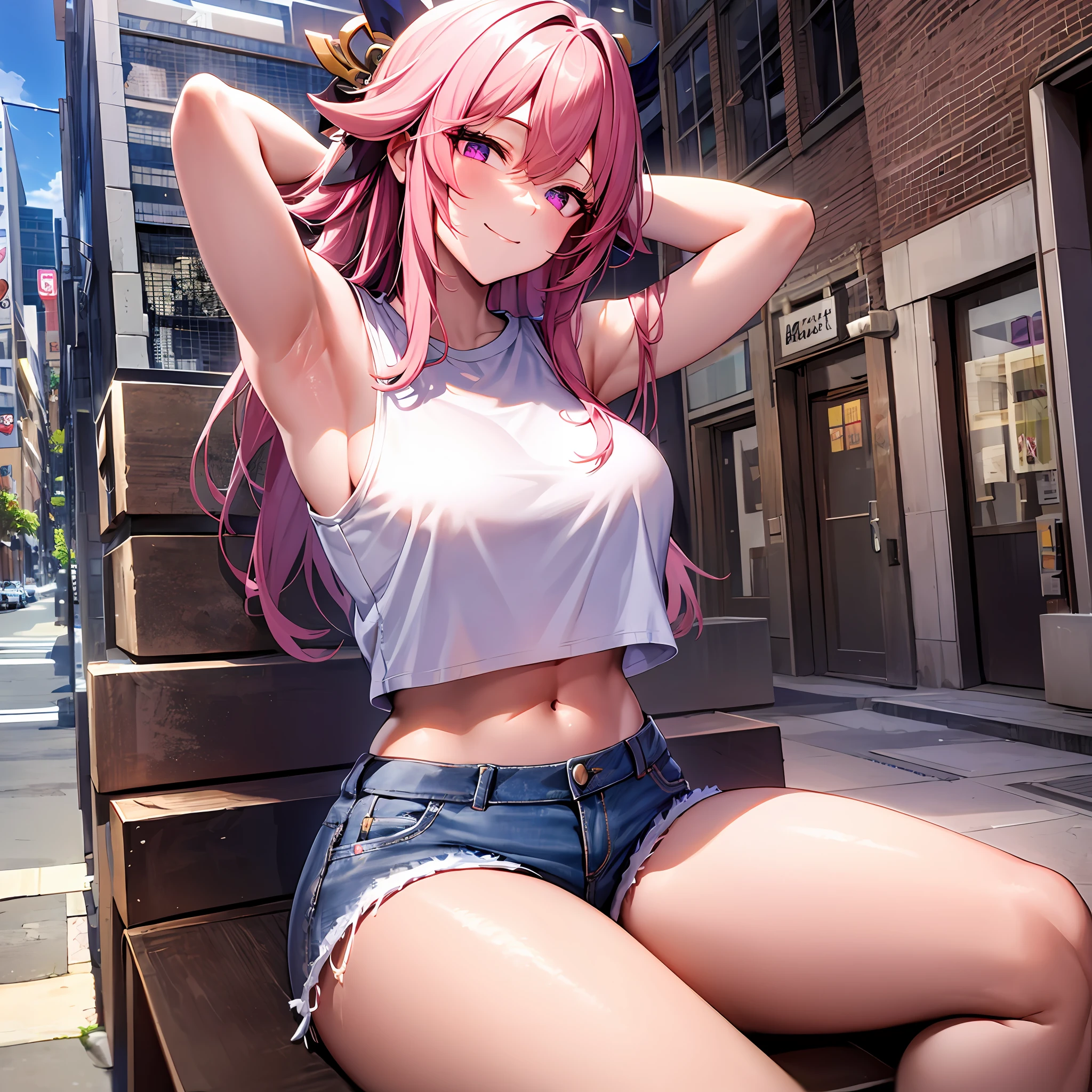 masterpiece, best quality, ultra-detailed), yaemiko \(genshin impact\), (pink hair), swept bangs, braid, braided bangs, purple eyes, pink eyes,
(wearing a t-shirt:1.2), sitting on a chair outside of caf, embracing the natural beauty, sunlight, beautiful cloudy sky, city, street, denim shorts, black stocking,
medium breasts, thick thighs, critical angle, cowboy shot, arm behind head, arm behind back, armpits, light smile, crop top, strong and seductive expressions