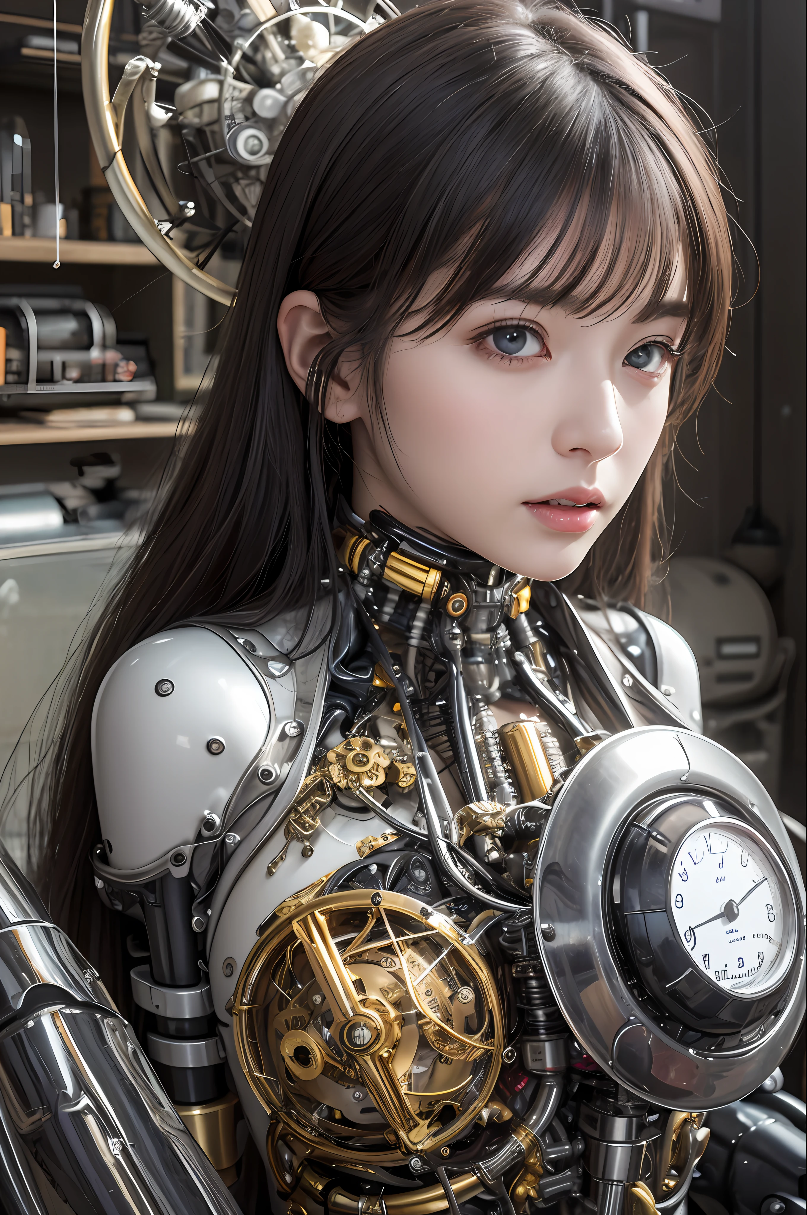 top-quality、​masterpiece、超A high resolution、(Photorealsitic:1.4)、Raw photo、Mechanical Angel、large wings made of metal、White Latex Body、女の子1人、Black hair、glowy skin、1 Mechanical Girl、((super realistic details))、portlate、globalillumination、Shadow、octan render、8K、ultrasharp、character edge light,Colossal tits、Raw skin is exposed in cleavage、Details of complex ornaments、White Latex Body、vacuum tubes、Nixie Kan、Oil pressure gauge、Glass Kan、Analog Meter、gear wheel、gear、Golden hydraulic cylinder、highly intricate detail、Realistic light、CGSoation Trends、a purple eye、radiant eyes、Facing the camera、neon details、Mechanical limbs、blood vessels connected to tubes、Mechanical vertebrae attached to the back、mechanical cervical attaching to neck、sitting on、Wires and cables connecting to the head、Sumerian details、Small LED lamp、