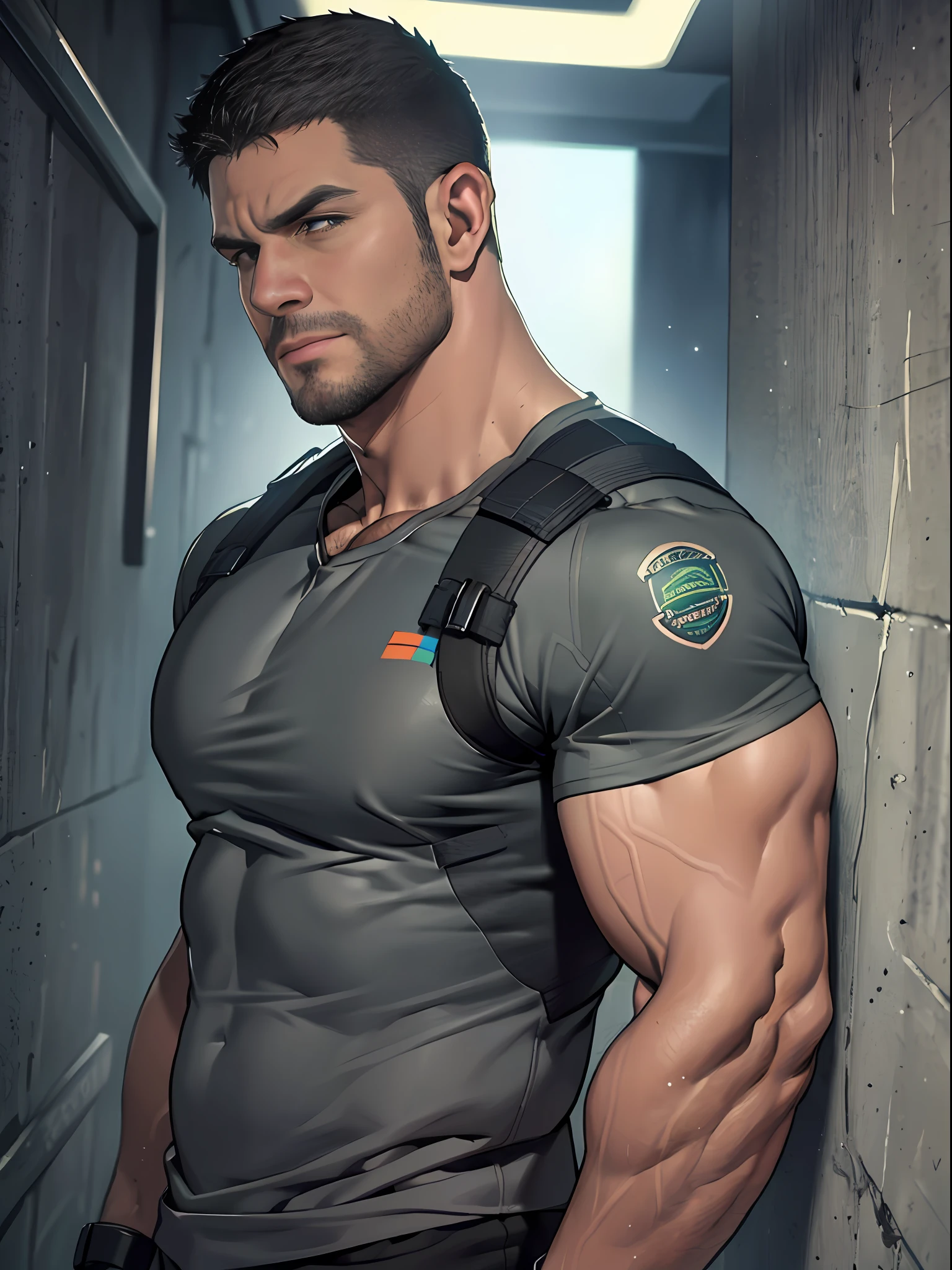 1 man, solo, 35 year old, Chris Redfield, wearing grey T shirt, smirks, black color on the shoulder and a bsaa logo on the shoulder, millitary tactical suit, tall and hunk, biceps, abs, chest, best quality, masterpiece, high resolution:1.2, upper body shot, dark black gloomy hallway in the background, detailed face, shadow, volumetric lighting, upper body shot, low camera angle