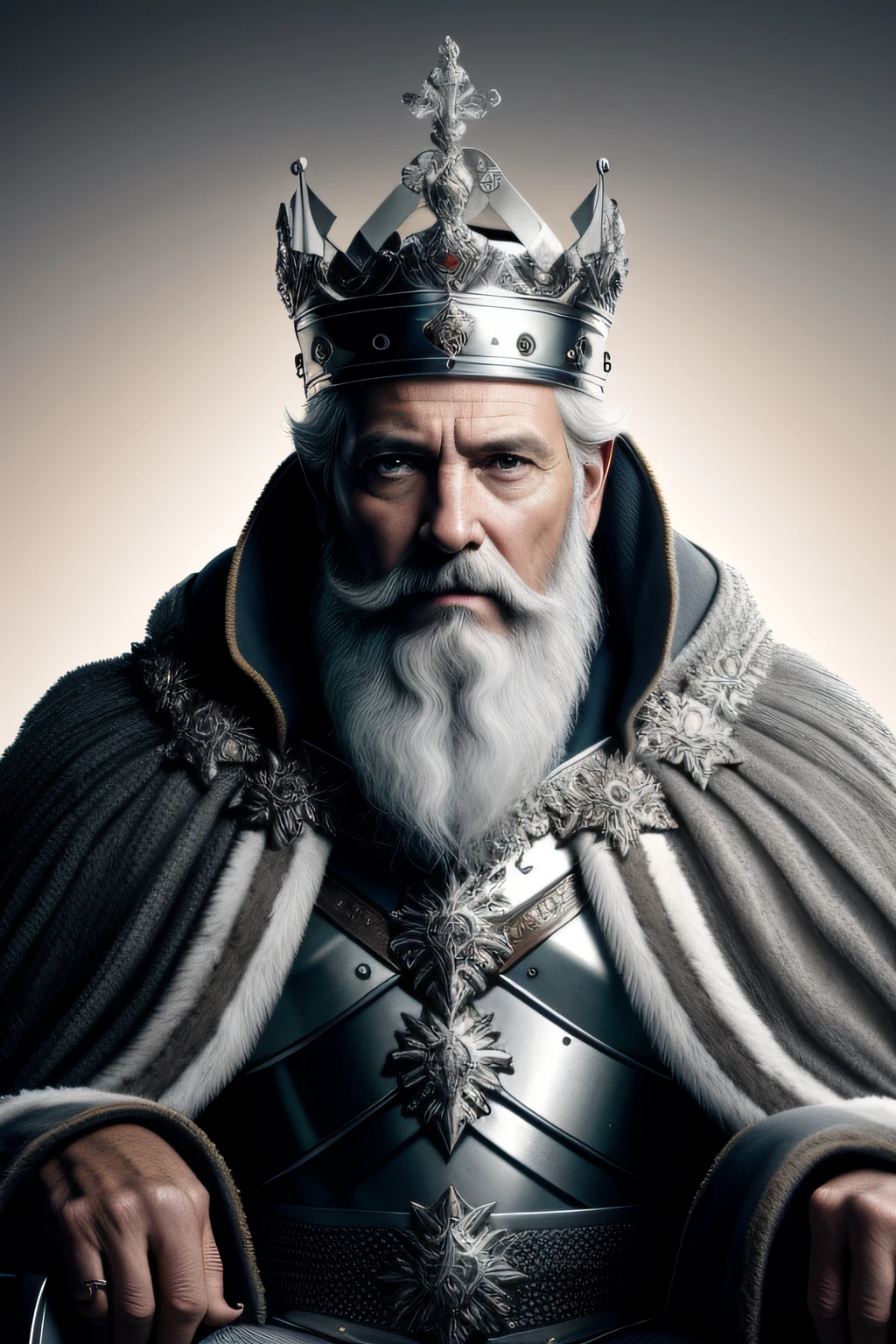 best quality, 500px, cgsociety, 8k, raw photo of (beautiful:1.2) human king, wear king round-looking crown, king armor, 40 years old, gray beard, on throne, face only, ambient light, backlight, volumetric lighting, realistic, realistic lighting, cinematic lighting, depth of field, sharp focus, (high contrast:1.2), (film grain)