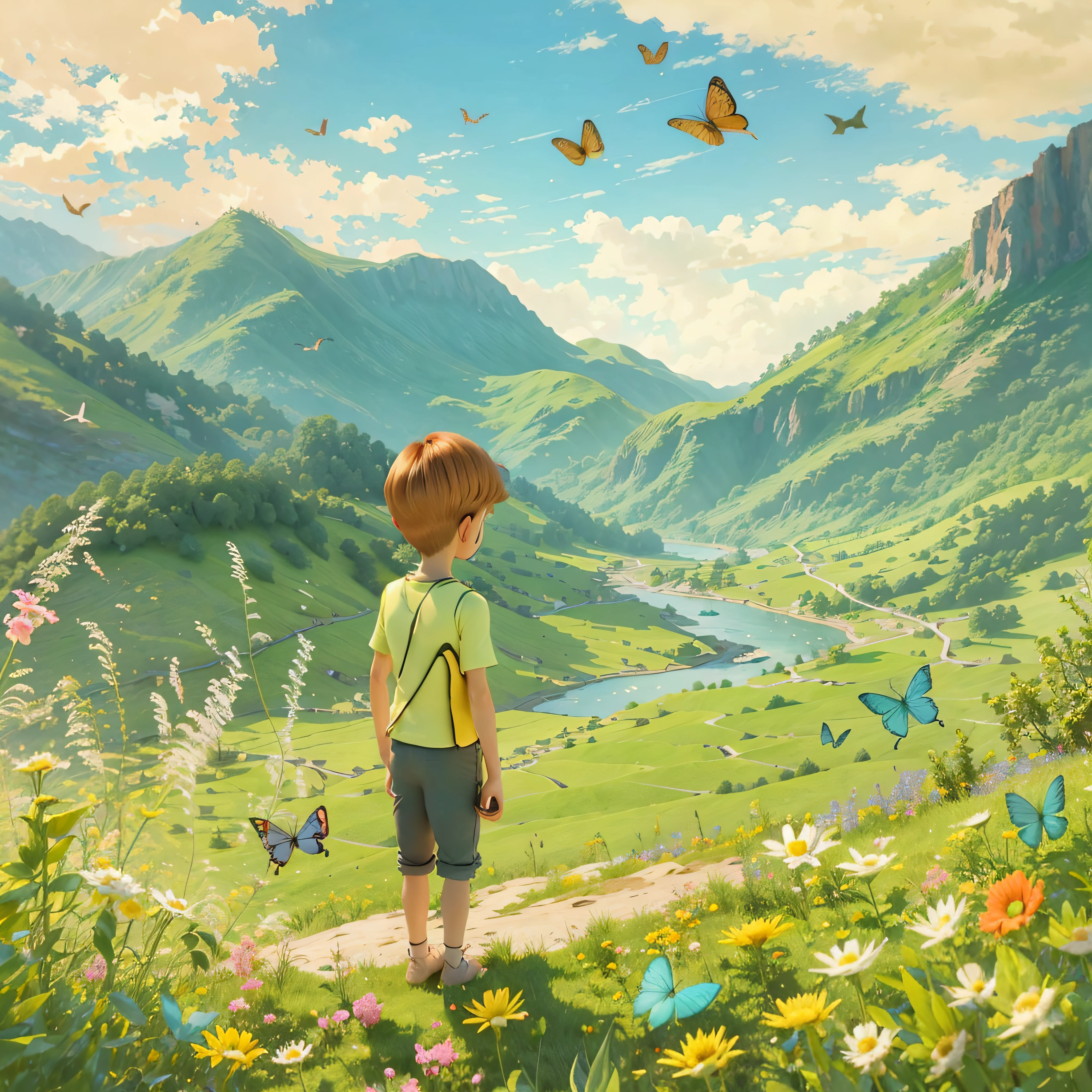 Two children looking at the distant landscape, green mountains, clear blue sky, flocks of birds flying in the sky, butterflies around, small rivers around, grass, flowers on the ground, cartoon style, warm colors