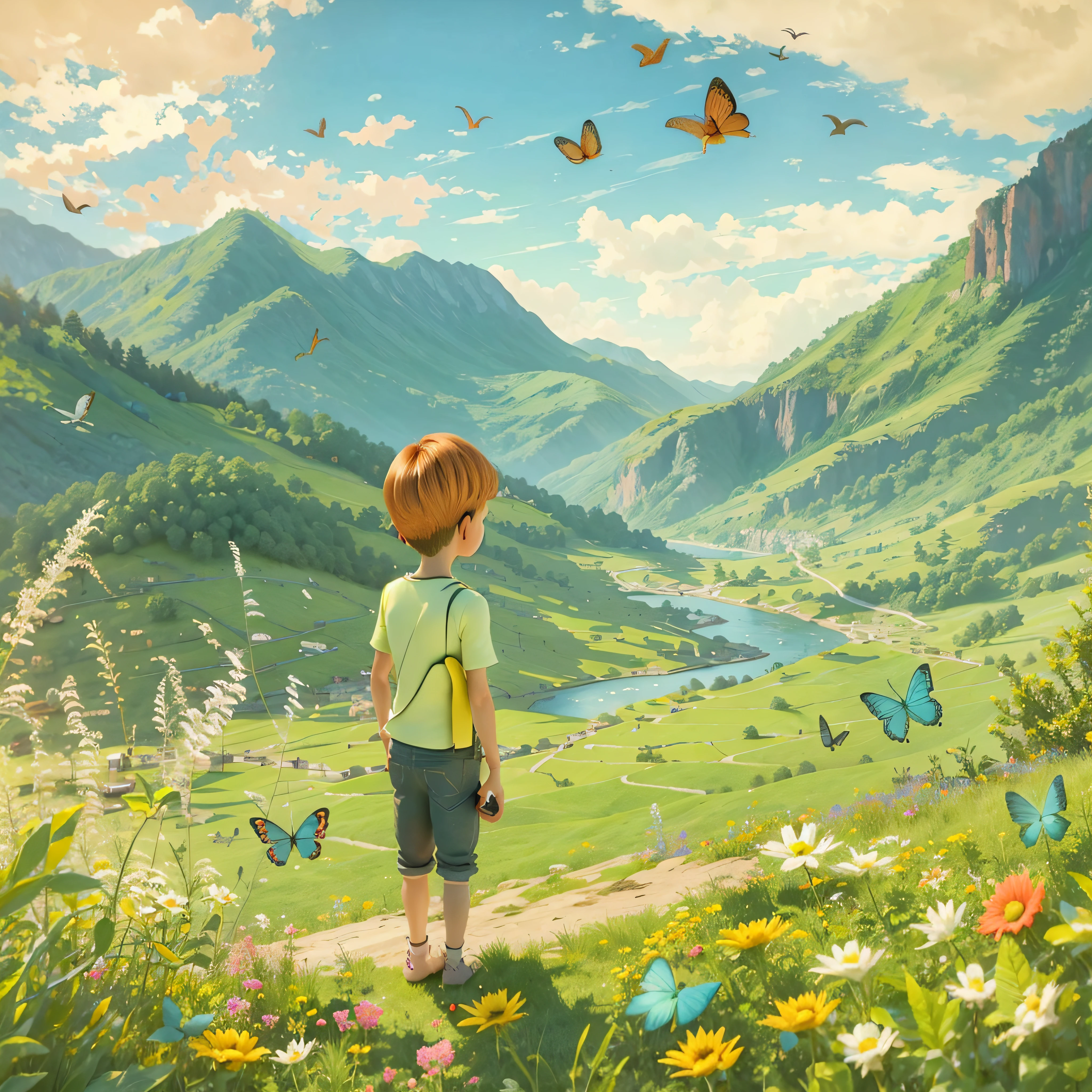 Two children looking at the distant landscape, green mountains, clear blue sky, flocks of birds flying in the sky, butterflies around, small rivers around, grass, flowers on the ground, cartoon style, warm colors