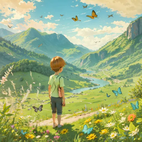 Two children looking at the distant landscape, green mountains, clear blue sky, flocks of birds flying in the sky, butterflies a...