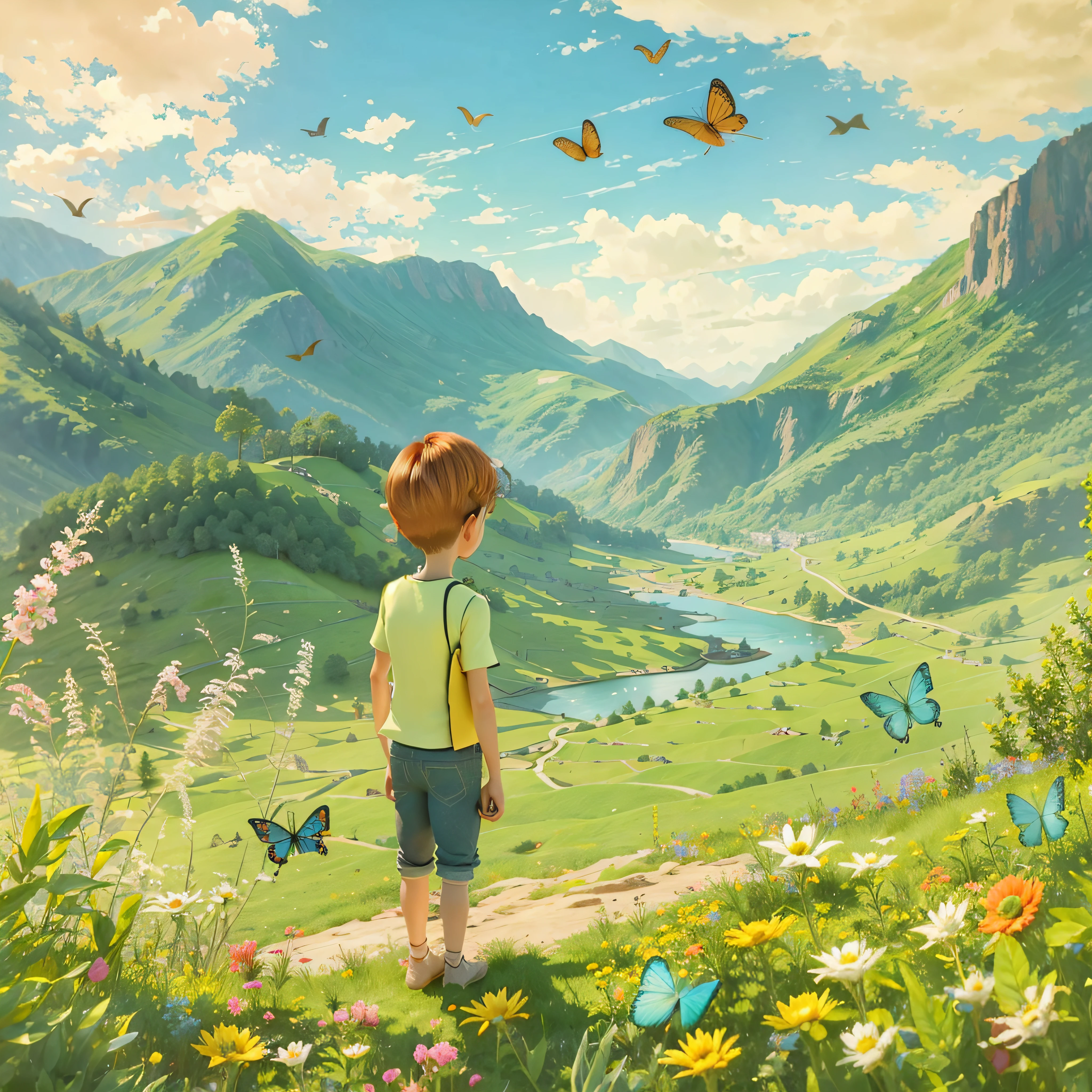 Two children looking at the distant landscape, green mountains, clear blue sky, flocks of birds flying in the sky, butterflies around, small rivers around, grass, flowers on the ground, cartoon style, warm colors