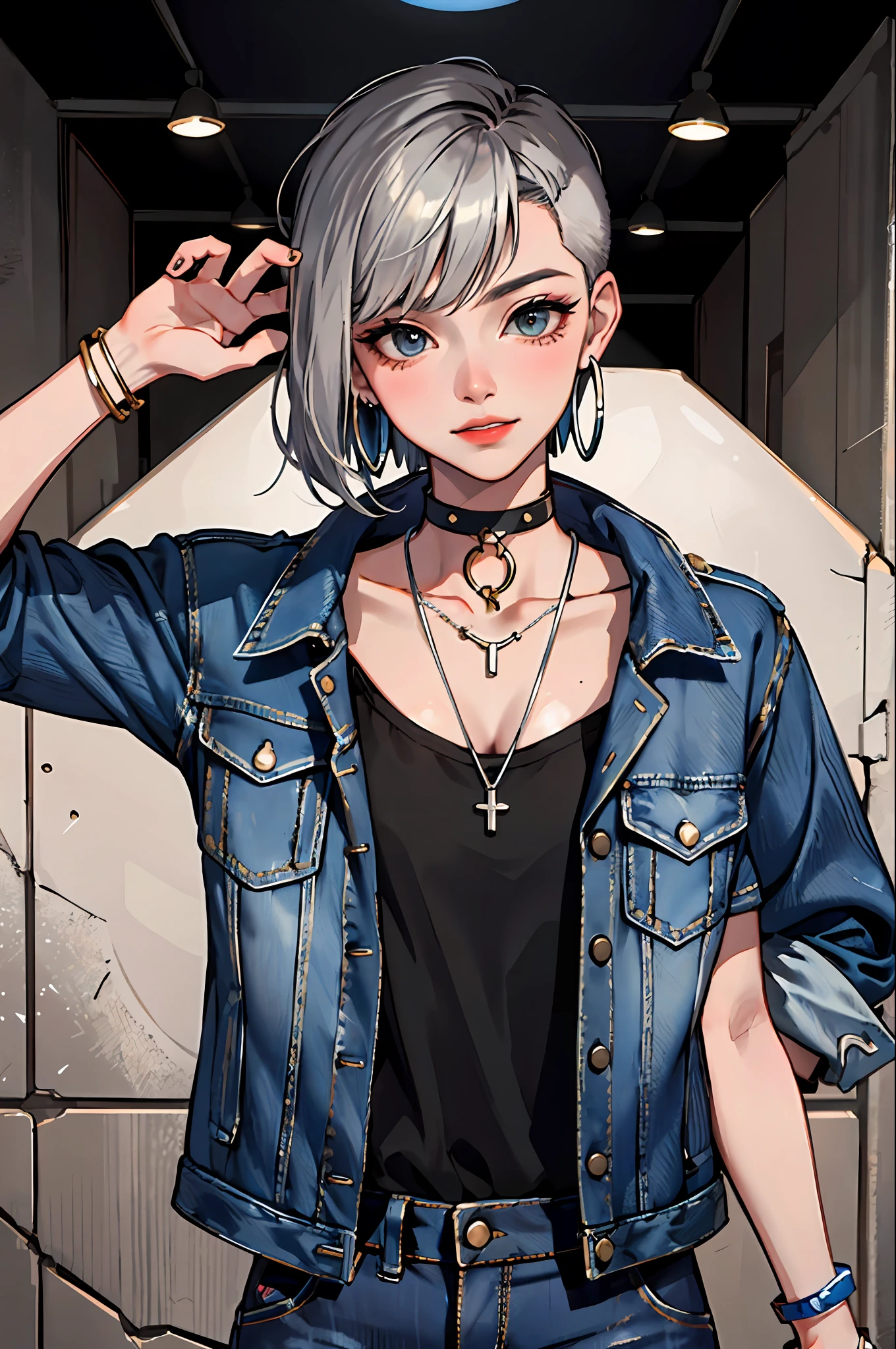 (masterpiece:1.2, best quality), (1lady, solo, upper body:1.2), Hair: buzz cut, Clothing: oversized, distressed denim jacket with patches and pins, paired with black skinny jeans and combat boots, Accessories: silver hoop earrings and a black choker necklace, Hanging out in an underground music venue or street art exhibit