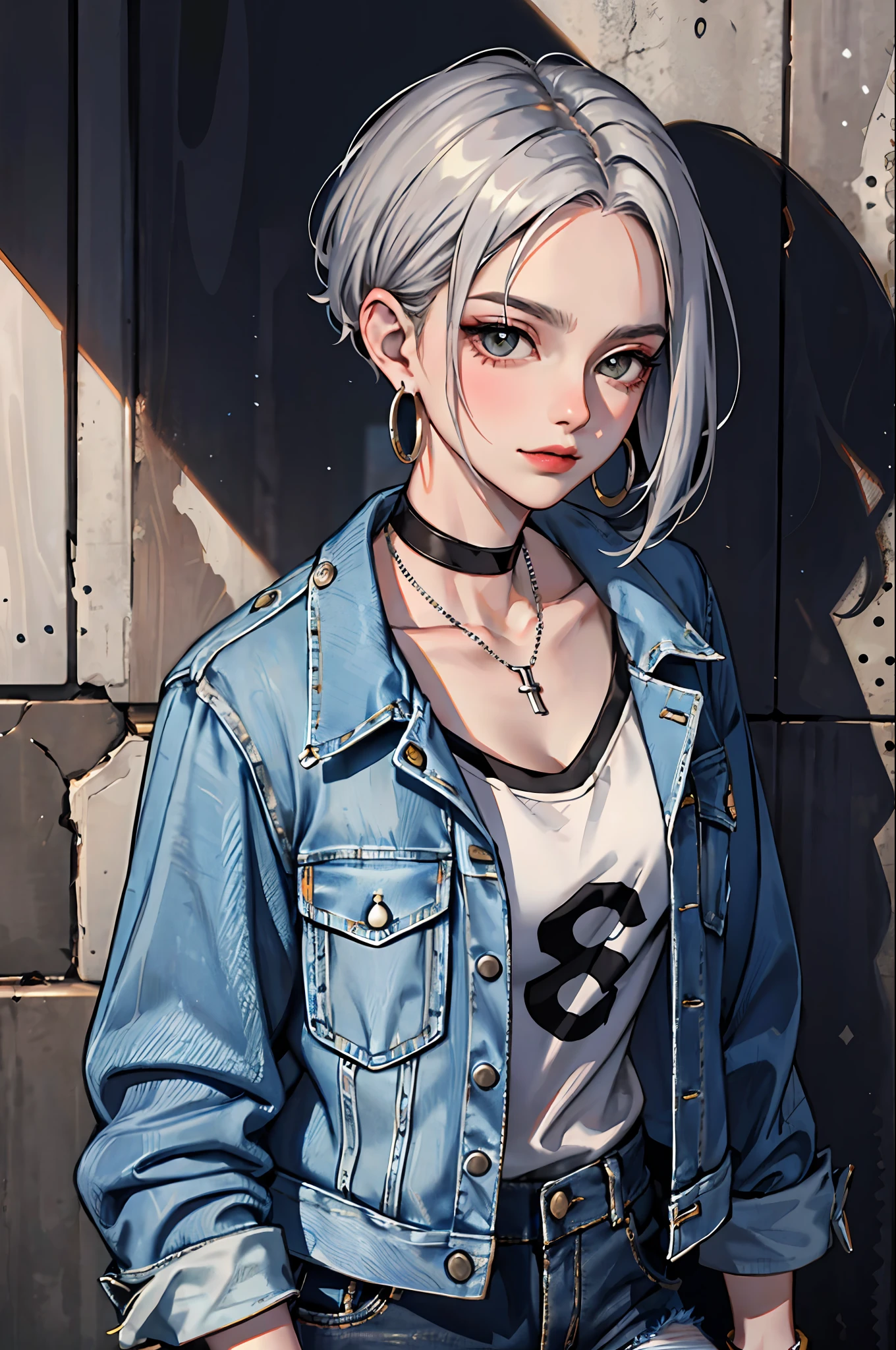 (masterpiece:1.2, best quality), (1lady, solo, upper body:1.2), Hair: buzz cut, Clothing: oversized, distressed denim jacket with patches and pins, paired with black skinny jeans and combat boots, Accessories: silver hoop earrings and a black choker necklace, Hanging out in an underground music venue or street art exhibit