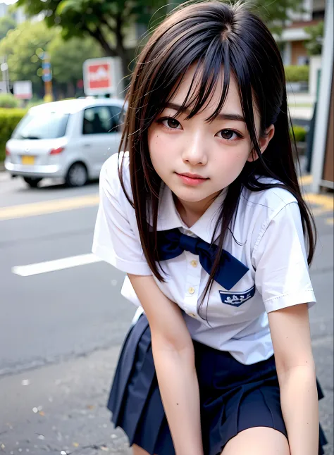 8K、Top image quality、​masterpiece、夏天、(She closed only her right eye:1.5)、Japanese high school  girl、On the way to school、Summer ...