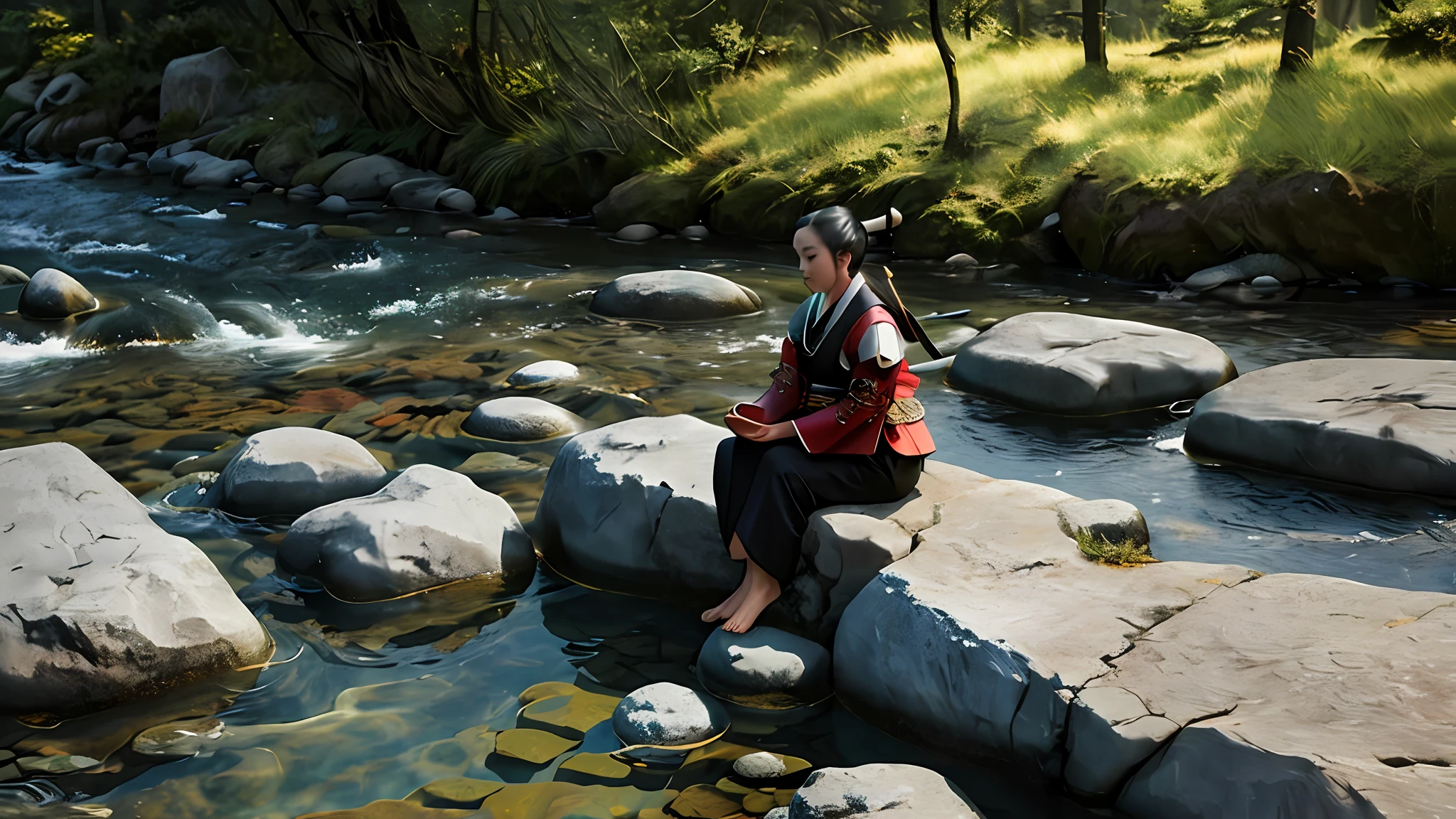 Beautiful Samurai, Meditating sitting, on the edge of a river full of stones, at sunset, ultra realistic photo, perfect face details, good skin texture, perfect shadows and light, award winning photo