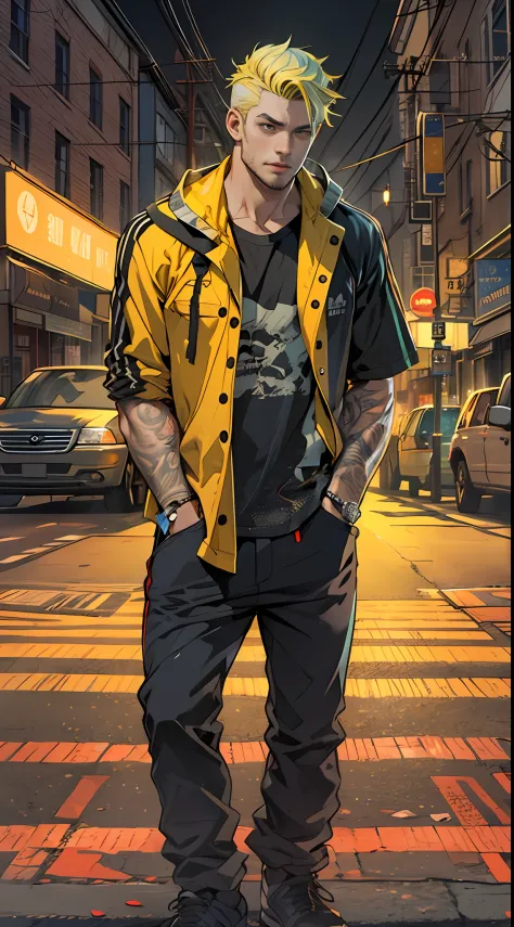 A handsome adult man, Wearing a black T-shirt and short yellow hair, Stand at the crossroads of the street ,32K, Best quality, M...