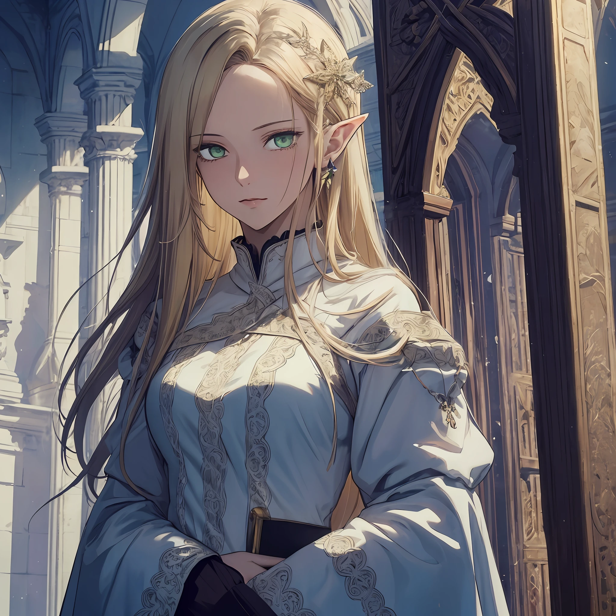 masterpiece, best quality, 1woman, adult, female focus, solo, blonde hair, vibrant green eyes, looking at viewer, closed mouth, bangs, Fantasy aesthetics, Highly detailed, shadowverse style, elf ear, white dress, high priestess