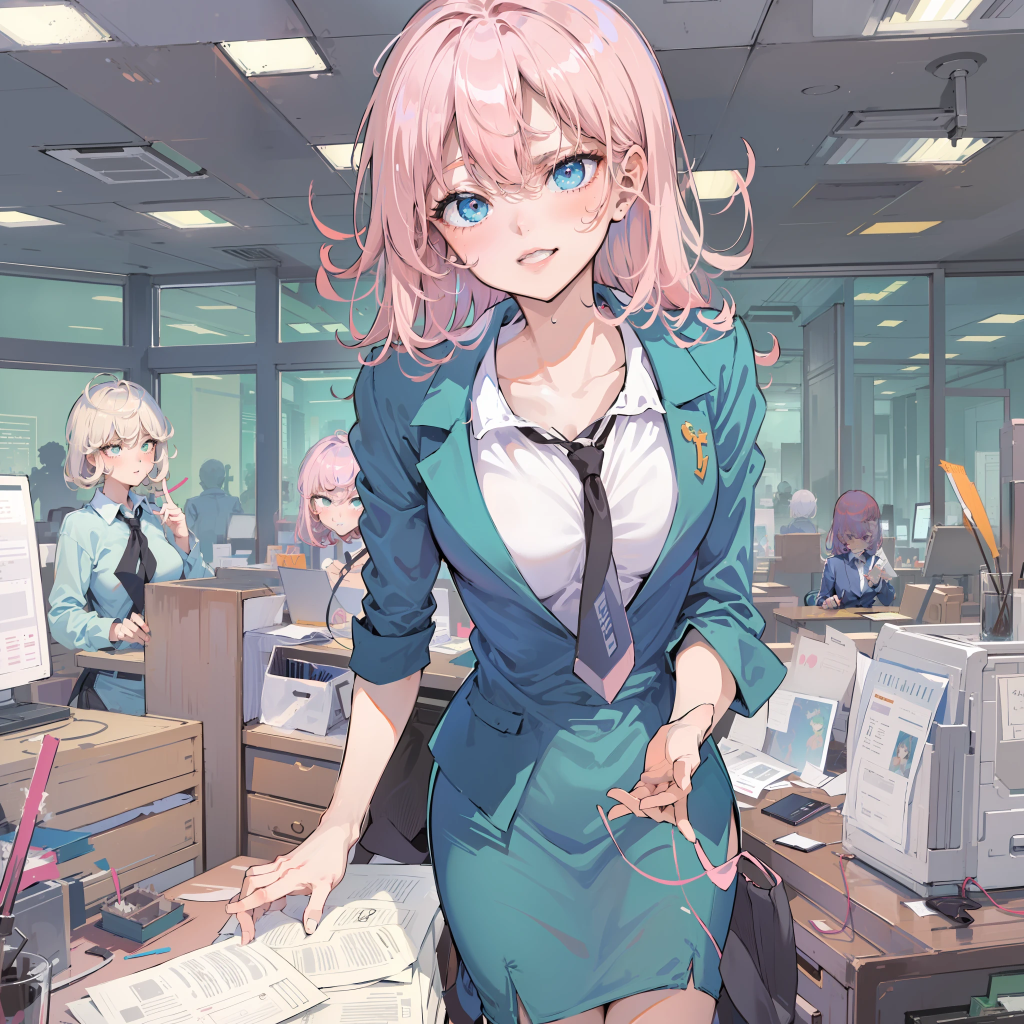 ((masterpiece, best)),(1girl),((mature woman)), light pink hair, dizzy, trumpet, ((office lady)), bangs, mid-chest, (full), slim, smiling, [wide hips] ,office,standing, aru \(blue archive\),