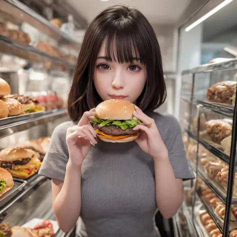 arafed girl holding a hamburger in front of a shelf of hamburgers, super realistic food picture, realistic anime 3 d style, eati...