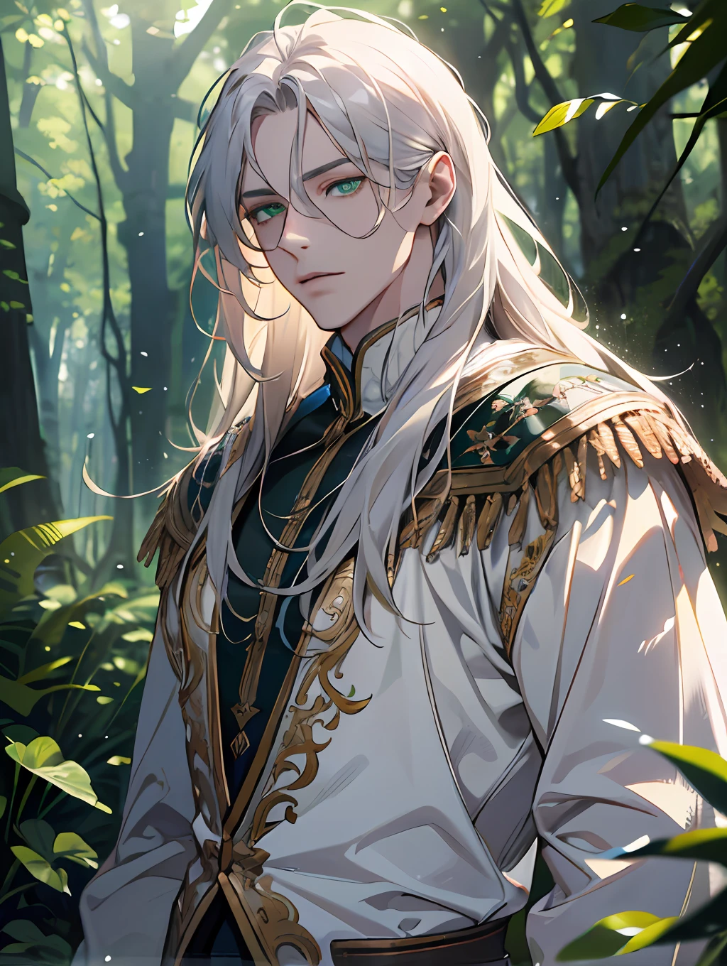 (absurdres, highres, ultra detailed), 1 male, adult, handsome, tall guy, finely detailed eyes and detailed face, white long hair, green eyes, white garments, forest, trees full of greenery, fluttering leaves, pond, natural light and shadow, There are shiny particles flying around the man, fantastic, fairy tale, mysterious, shining sparkle