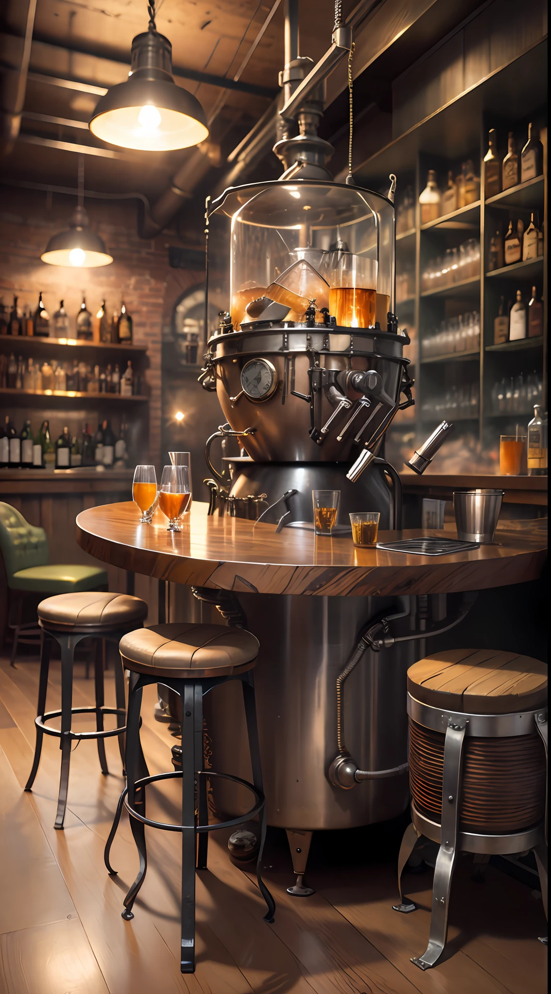 masterpiece, incredible liquor distiller artifact, Moonshine whiskey machine, intricate, realistic, steampunk, clandestine bar, mixology.