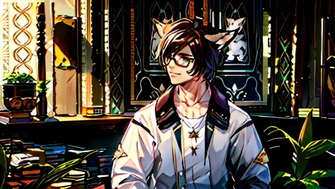 In the room is a man with a cat's ear and glasses, Boy with cat ears and tail, Tabaxi male,Man with cat ears, Стиль Final Fantas...