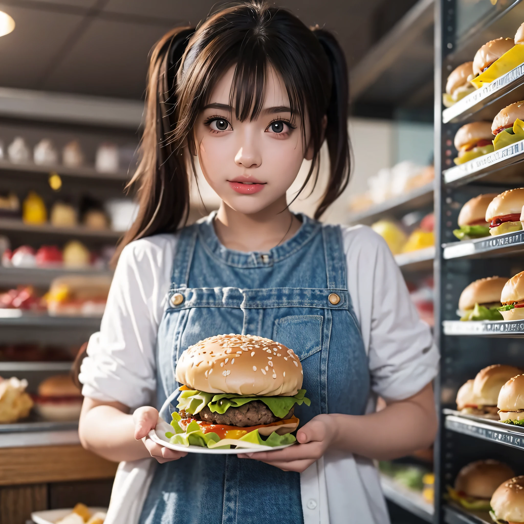 arafed girl holding a hamburger in front of a shelf of hamburgers ...