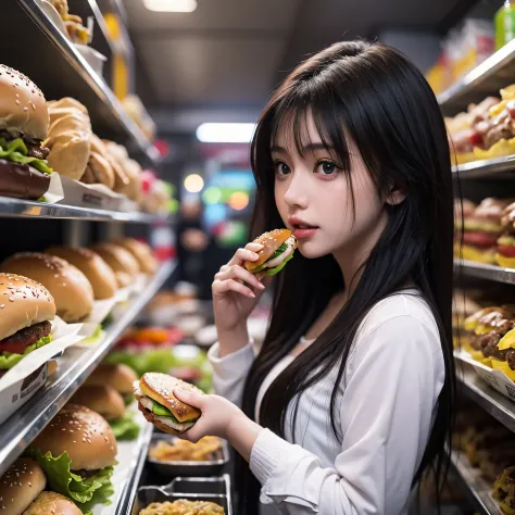 arafed girl holding a hamburger in front of a shelf of hamburgers, super realistic food picture, realistic anime 3 d style, eati...