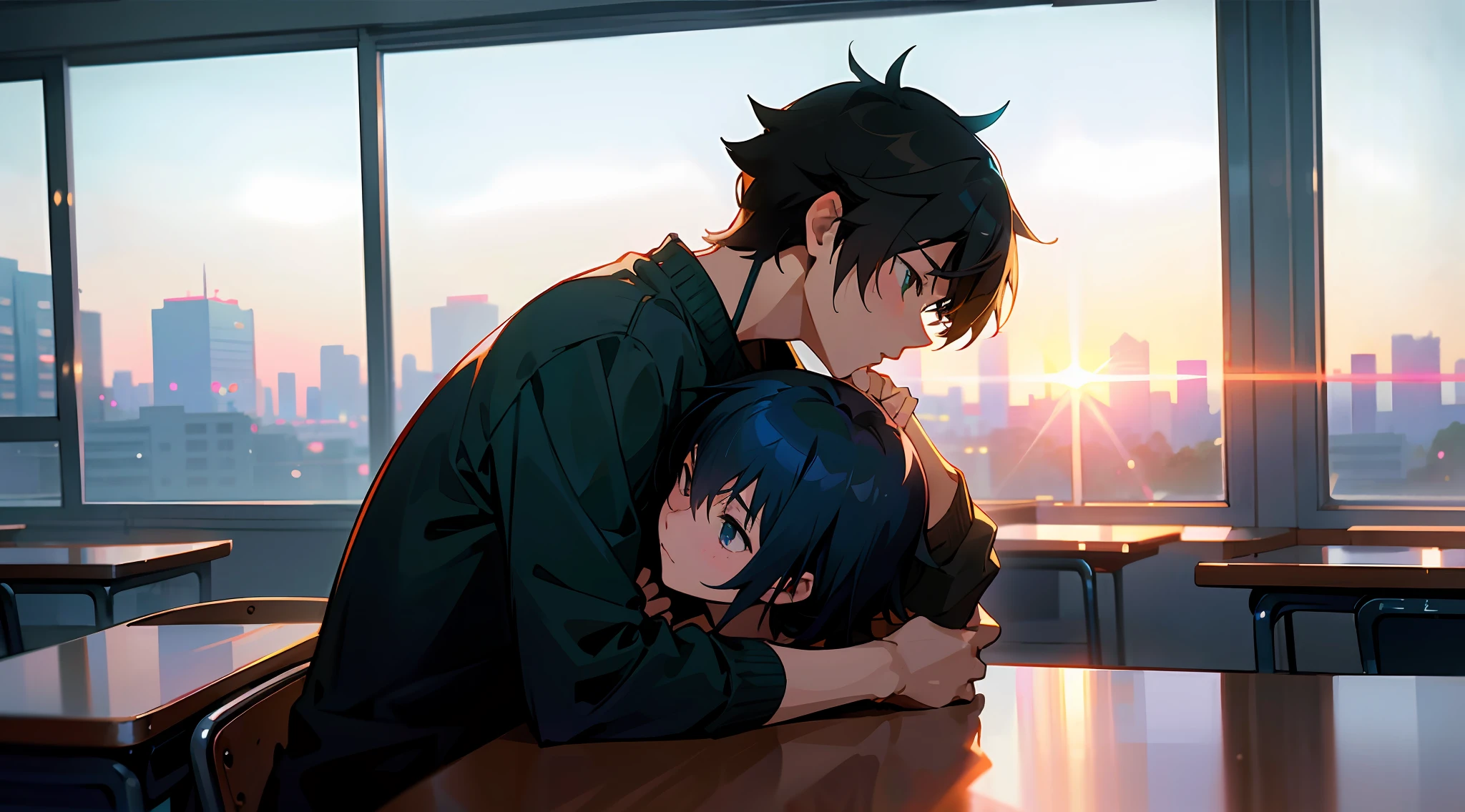 Chico y chica anime abrazándose en un salón de clases con vista a la  ciudad. - SeaArt AI