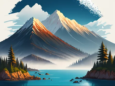 white background, landscape, paint, mountains, water, trees, t-shirt design, vector art, offcenter, offset