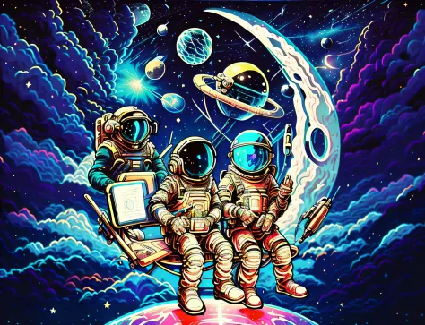 Illustration of two astronauts sitting on a planet with laptop, The astronaut, Space travelling, In space, outerspace, cosmic sp...