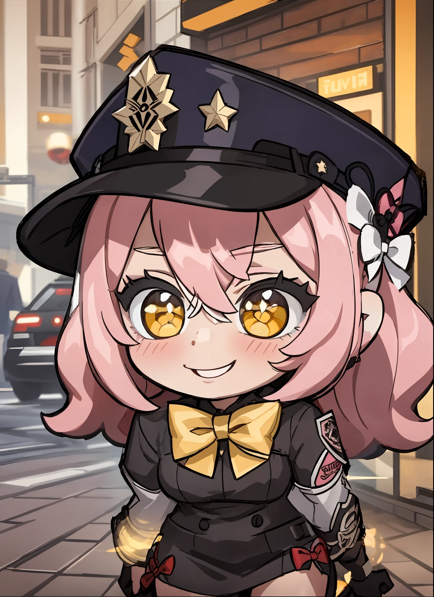 chibi, pink hair, yellow pupils, love in eyes, bow hairpins, blushing, cute, smug, smile, rolling eyes, white bow tie, black police outfit, police hat, long sleeves, miniskirt