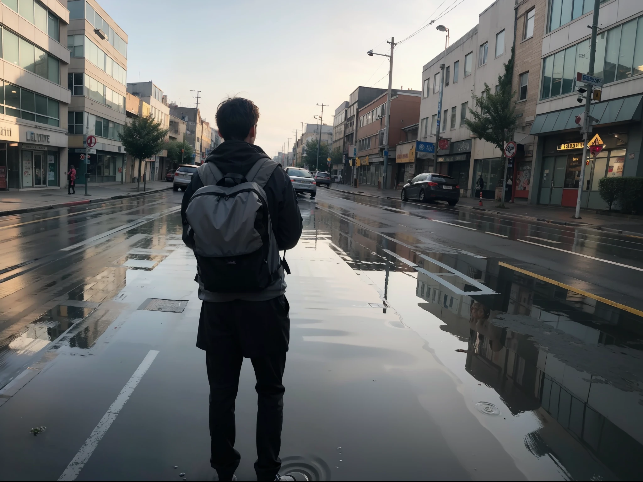 une femelle et un mâle, se tenir debout et dos à dos, , un côté est plein de lumière, un côté est sombre, pluvieux, dans la rue, flaque d&#39;eau sur la route, reflétant, Opposés polaires, symétrie, Panorama, perspective, Tracé laser, réflexion de la lumière, profondeur de champ, chef-d&#39;œuvre, Meilleure qualité, détails élevés, Haute qualité, peau texturée, précis, UHD, HD