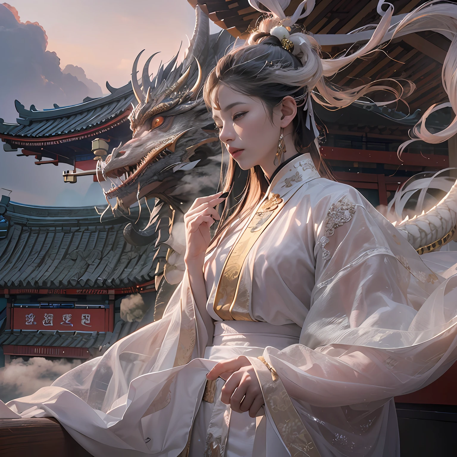 (RAW Photo, Best Quality), (Realistic, Photo Realistic: 1.3), Extremely Refined and Beautiful, Amazing, Fine Detail, Masterpiece, Ultra Detail, High Resolution, (Best Illustration), (Best Shadow), Intricate,
A beautiful female Taoist priest dressed in a white see-through robe and in a bun sits on the eaves of the Taoist temple, overlooking the monks meditating below. In the distance there are pavilions, towers and distant mountains, decorated with floating clouds, (dragon in the background: 1.3), sunset, storm,
Clear focus, volumetric fog, 8k UHD, DSLR, high quality, (film grain: 1.4), Fujifilm XT3,(seethru)