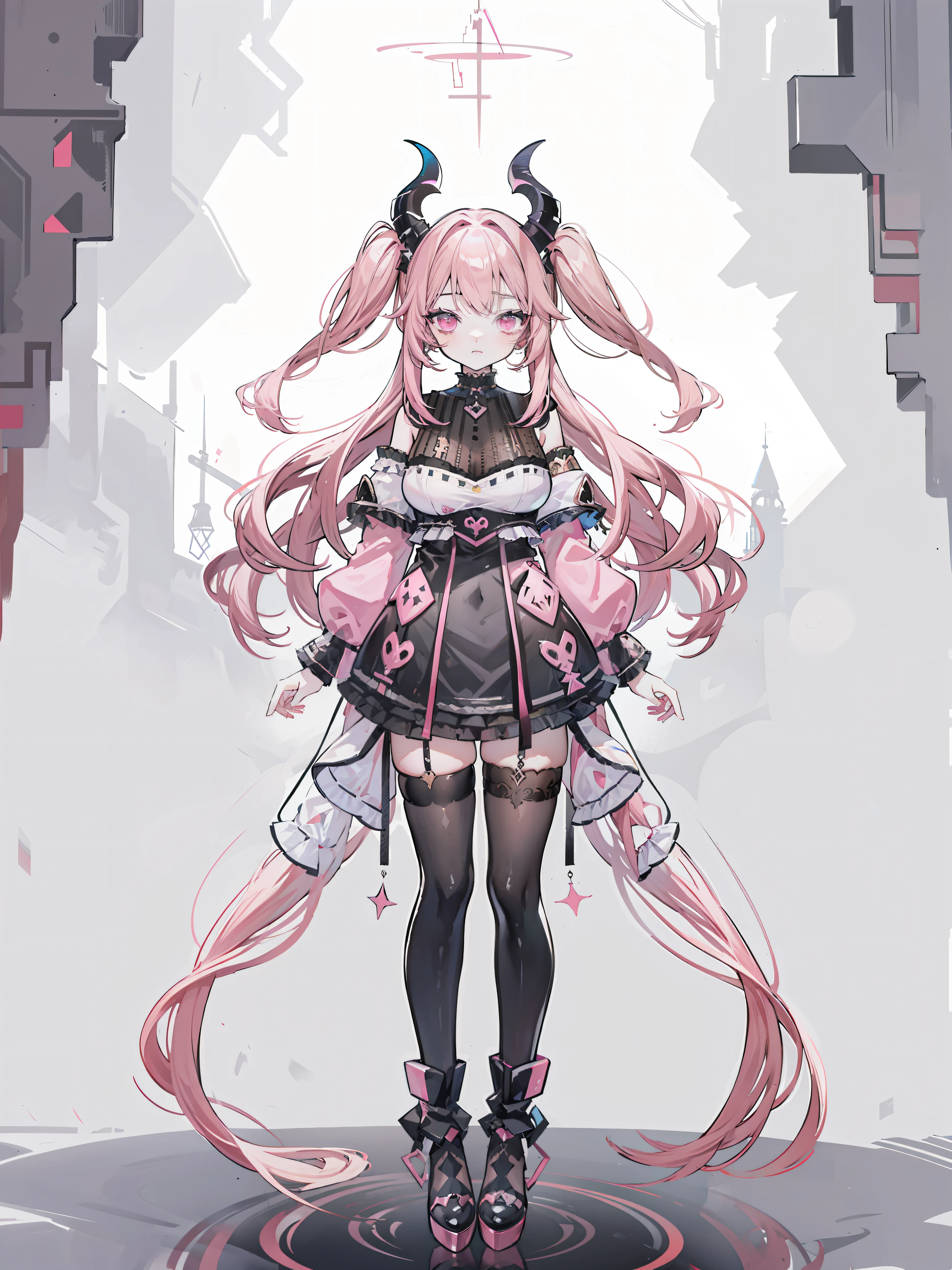 1fille, cheveux rose foncé, longue frange, cornes noires, yeux roses, cheveux longs et courts en arrière, body en latex noir, concept, vtuber, art conceptuel des personnages, Caractère original, Modèle Vtuber, vtuber-fullbody, modèle vtuber, style de, style artistique, la lora, wlsdnjs950, utilise le_, chef-d&#39;œuvre, symétrie parfaite