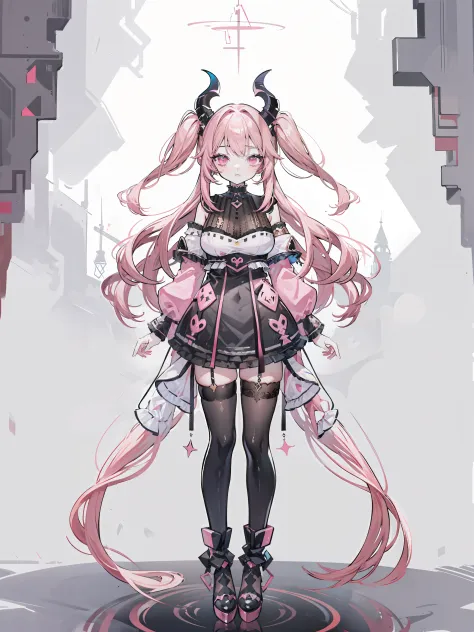 1girl, dark pink hair, Long bangs, Black horns, pink eyes, long short hair back, Black latex bodysuit, concept, vtuber, characte...