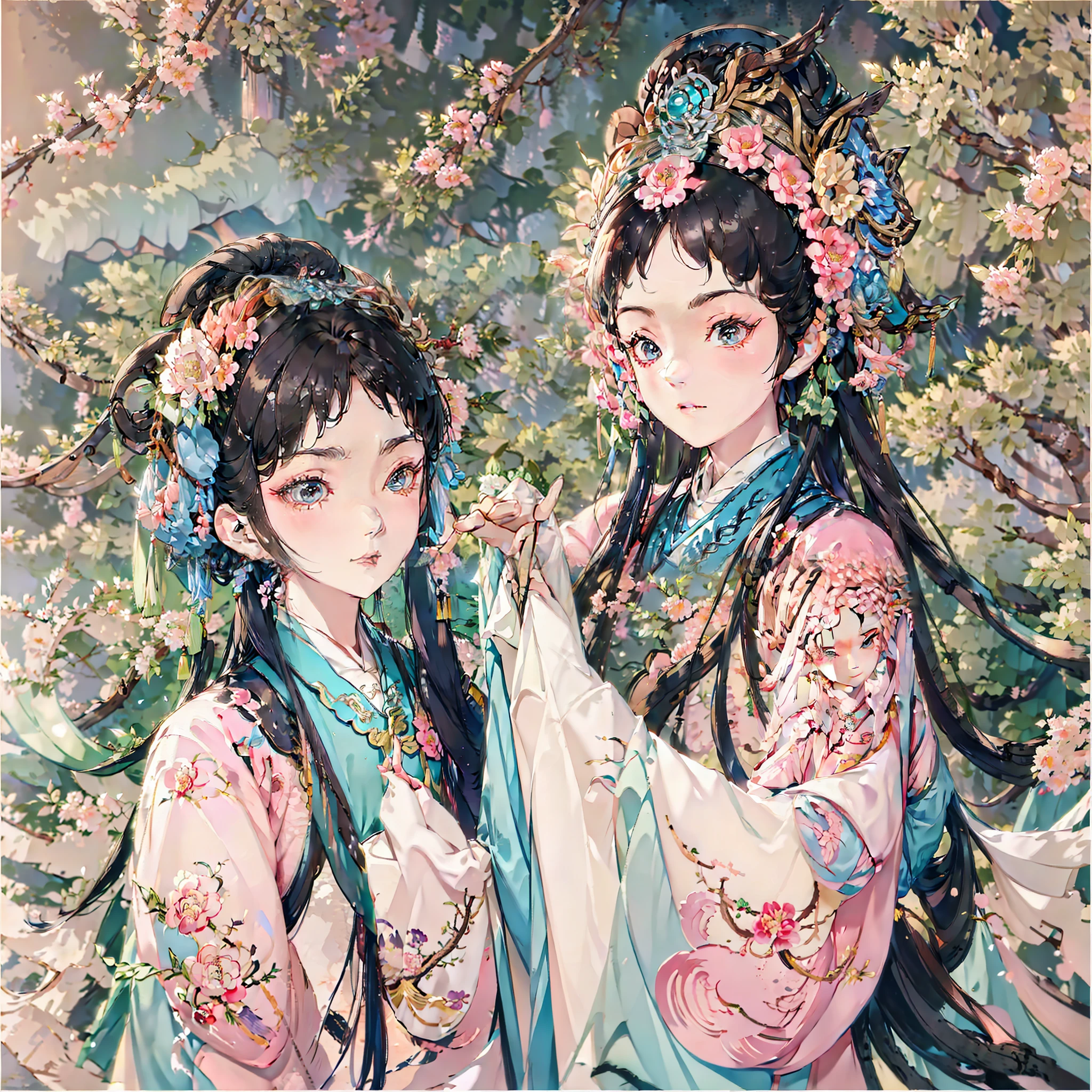 Excellent image quality，Ultra-clear image quality，Top-down perspective，Blue Hanfu，cabelos preto e longos，Under the peach blossom tree，Flowers are falling，Raise your hand to pick up peach blossoms，