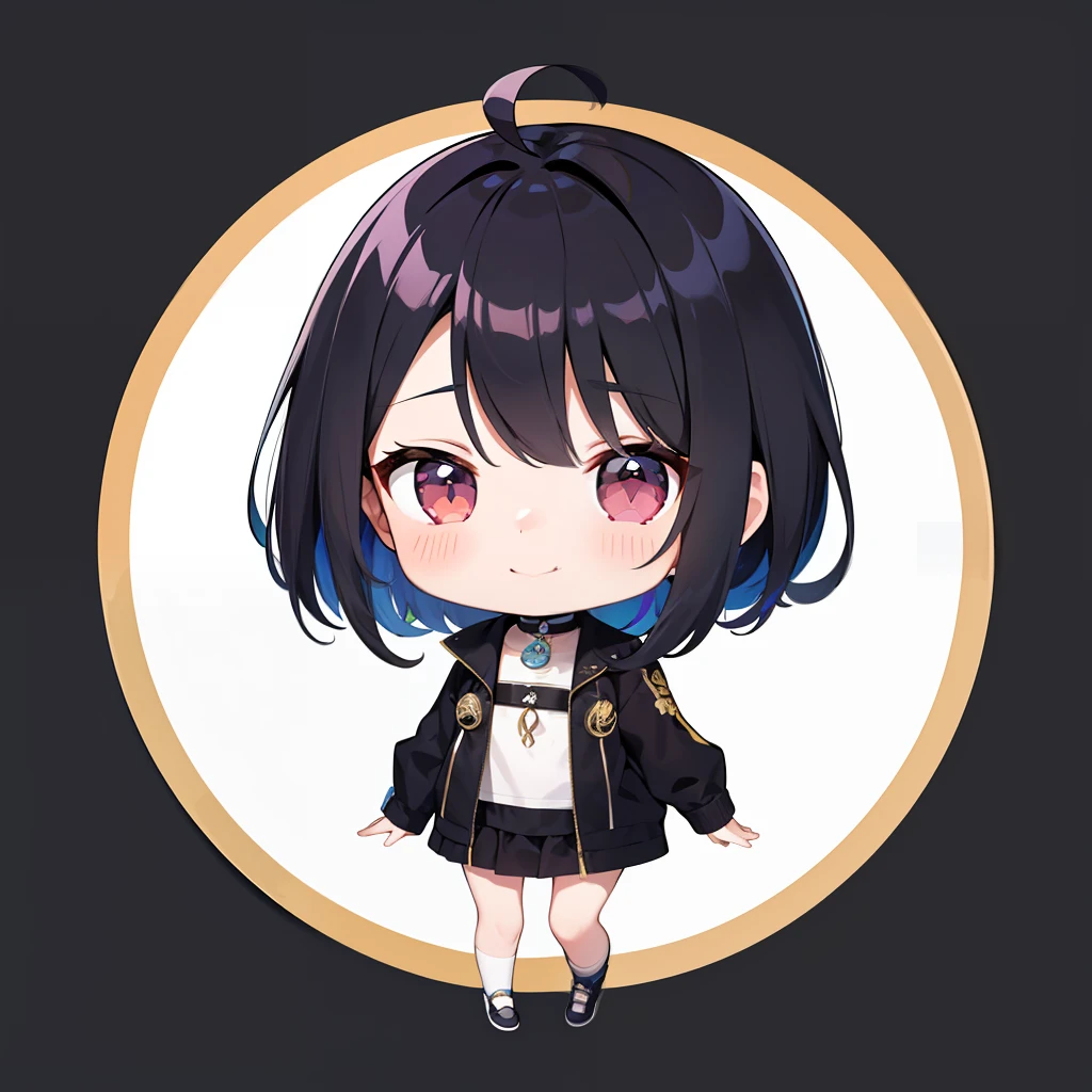 超A high resolution, nffsw, Best aesthetic, Best Quality, masutepiece, Flat avatar, Perfect litthing、(colourfull、vivd colour: 1.4)、Ahoge、full body Esbian, Has iridescent hair,　Shorthair、　is shy, A smile, I'm wearing a jacket。hair adornments, chibi, simple background, earrings, jewely, side locks, large oval eyes,Flat avatar,  simple background, A darK-haired,